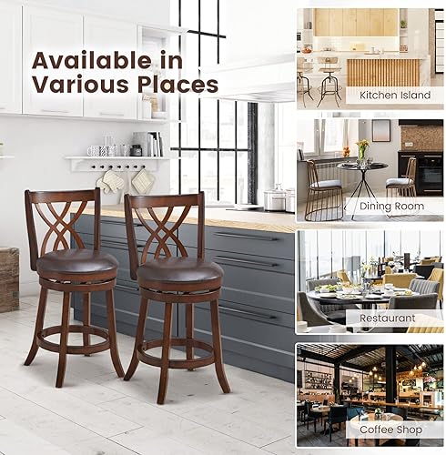 Miniatura 8 de COSTWAY Juego de 2 taburetes de bar sillas giratorias de 360 con marco de madera de goma asiento y reposapiés acolchados de piel sintética de 26