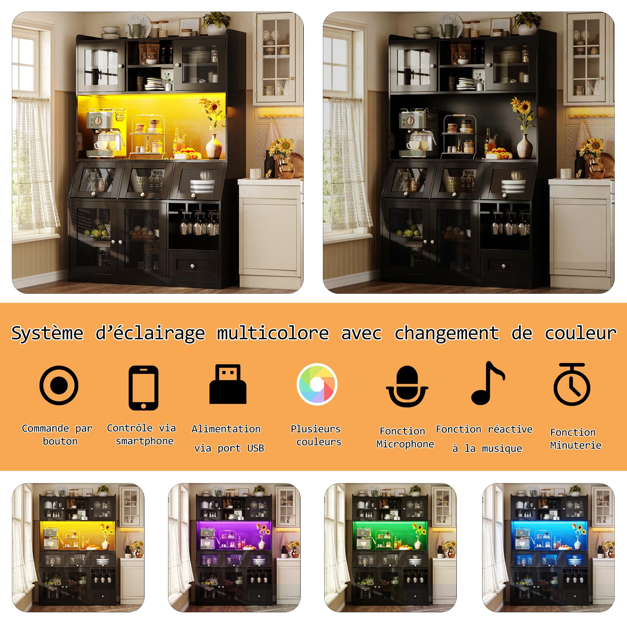 Buffet Haute Cuisine L120 x P40 x H182 cm, Armoires de Cuisine, Vaisselier avec Port USB, Meuble Cuisine Rangement avec Portes Vitrées, éclairage LED, Un Plan de Travail spacieux, Noir