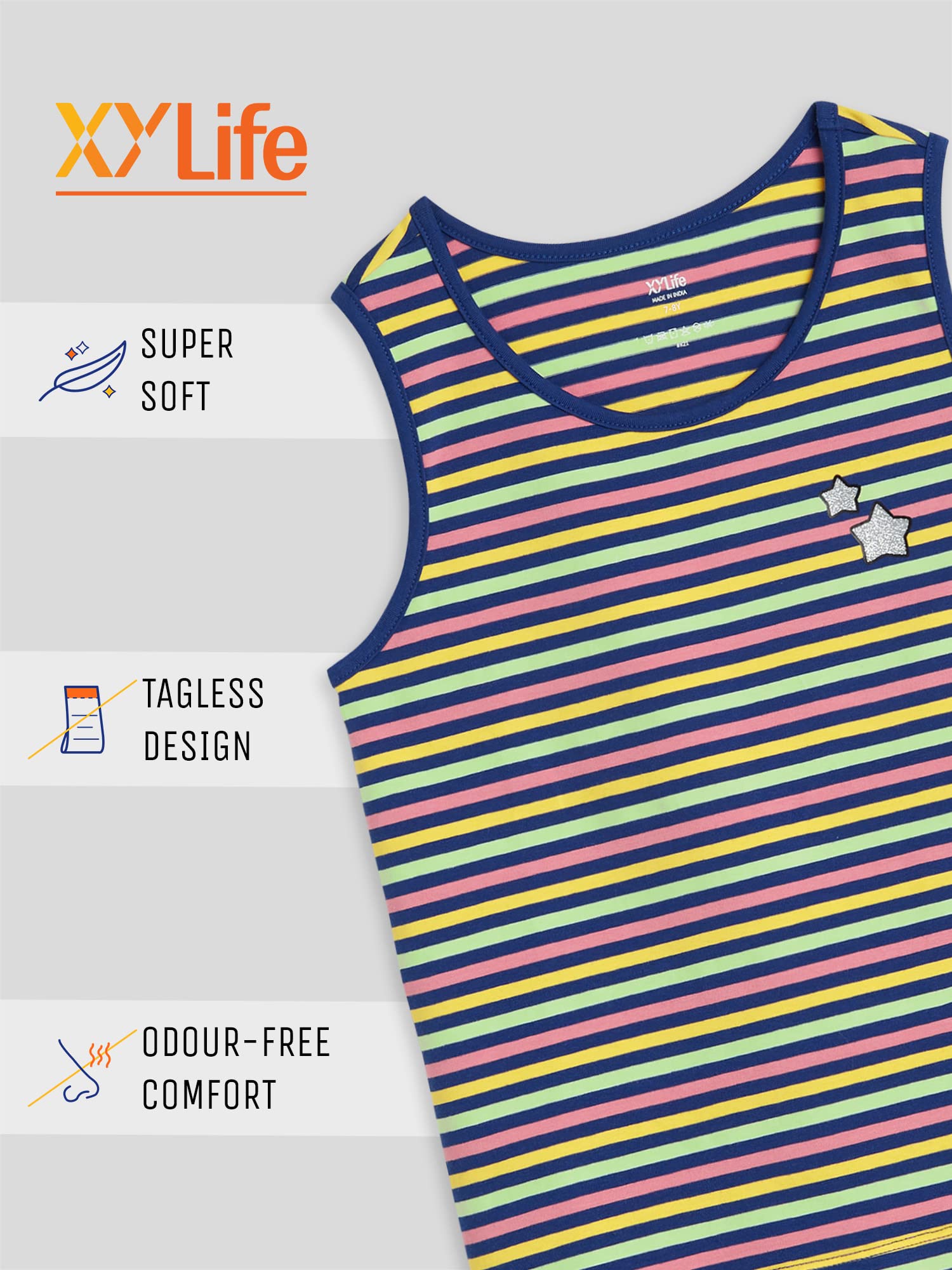 XY Life Kids Tank Tops for Girls - Combed Cotton Arcade Colorful Tank Top with N9 Silver Finish, 2X Softer Than Cotton, High Moisture Absorption Pack of 3 (7-8 Years; Multi Stripes) 2