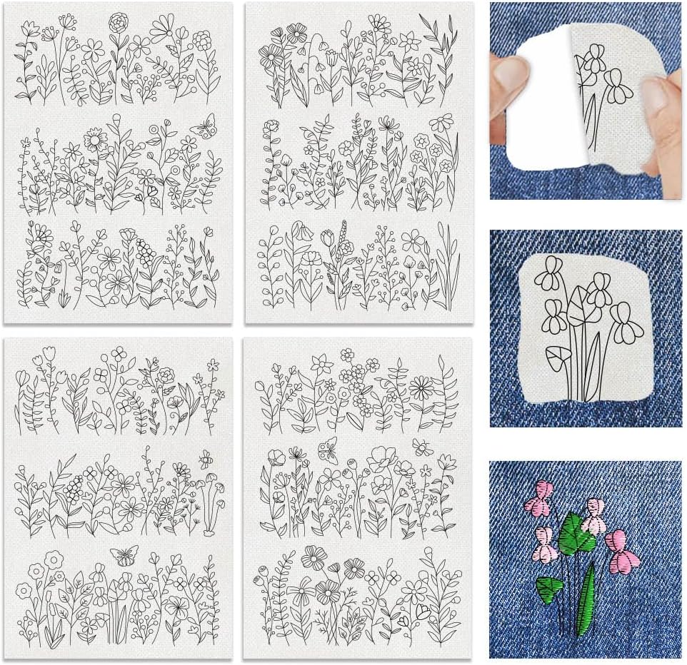 INFUNLY 12pcs Wildflower Water Soluble Embroidery Stabilizer 4 Sheets Self Adhesive Washable Stabilizer with Pre-Printed Spring Plant Hand Sewing Stabilizer for Embroidery Stick Stitch Transfer Paper
