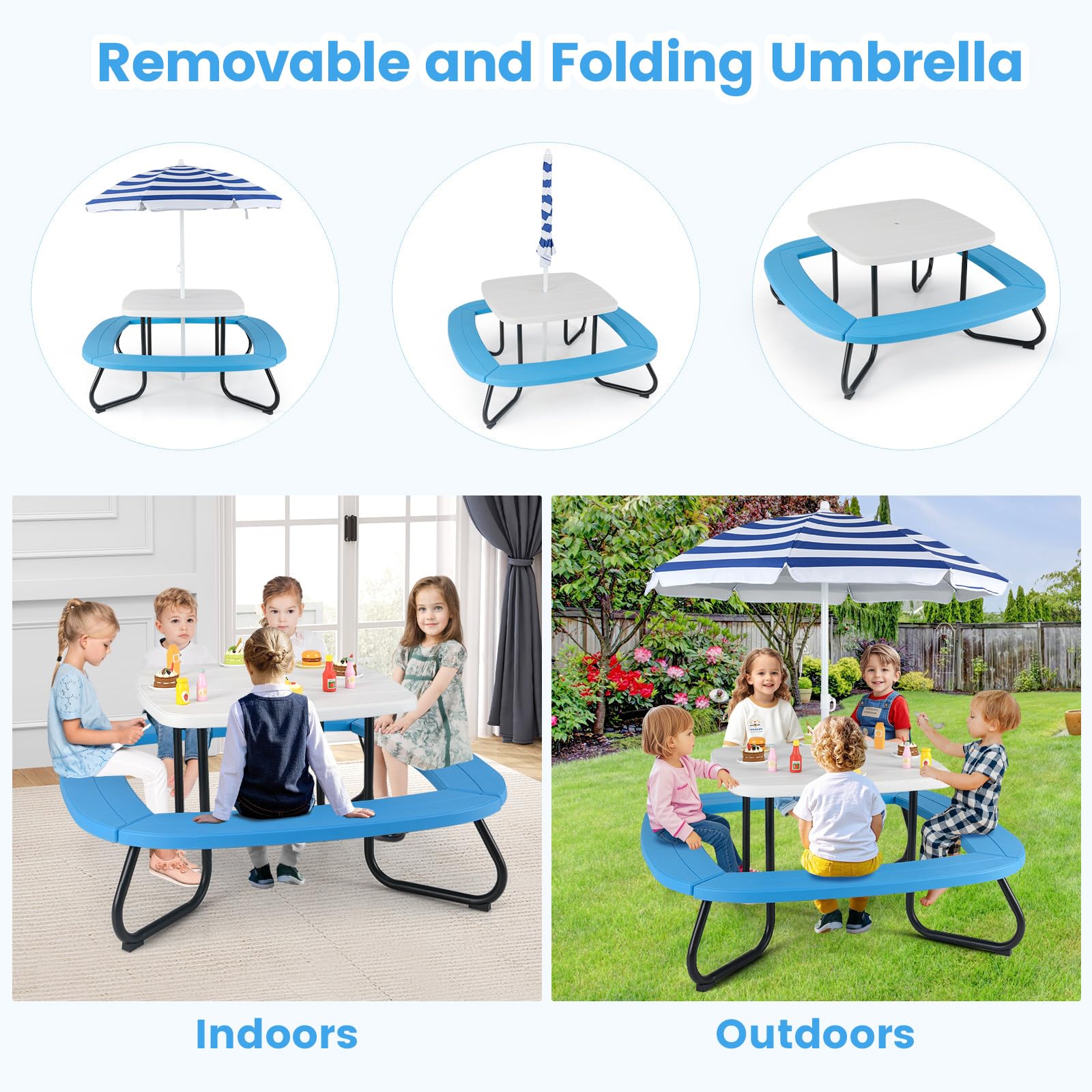 Costzon Kids Picnic Table, 8 Person Kids Outdoor Table and Chairs with Foldable & Adjustable Umbrella, 4 Built-in Benches, Toddler Outdoor Furniture for Backyard, Patio, Garden (Blue)
