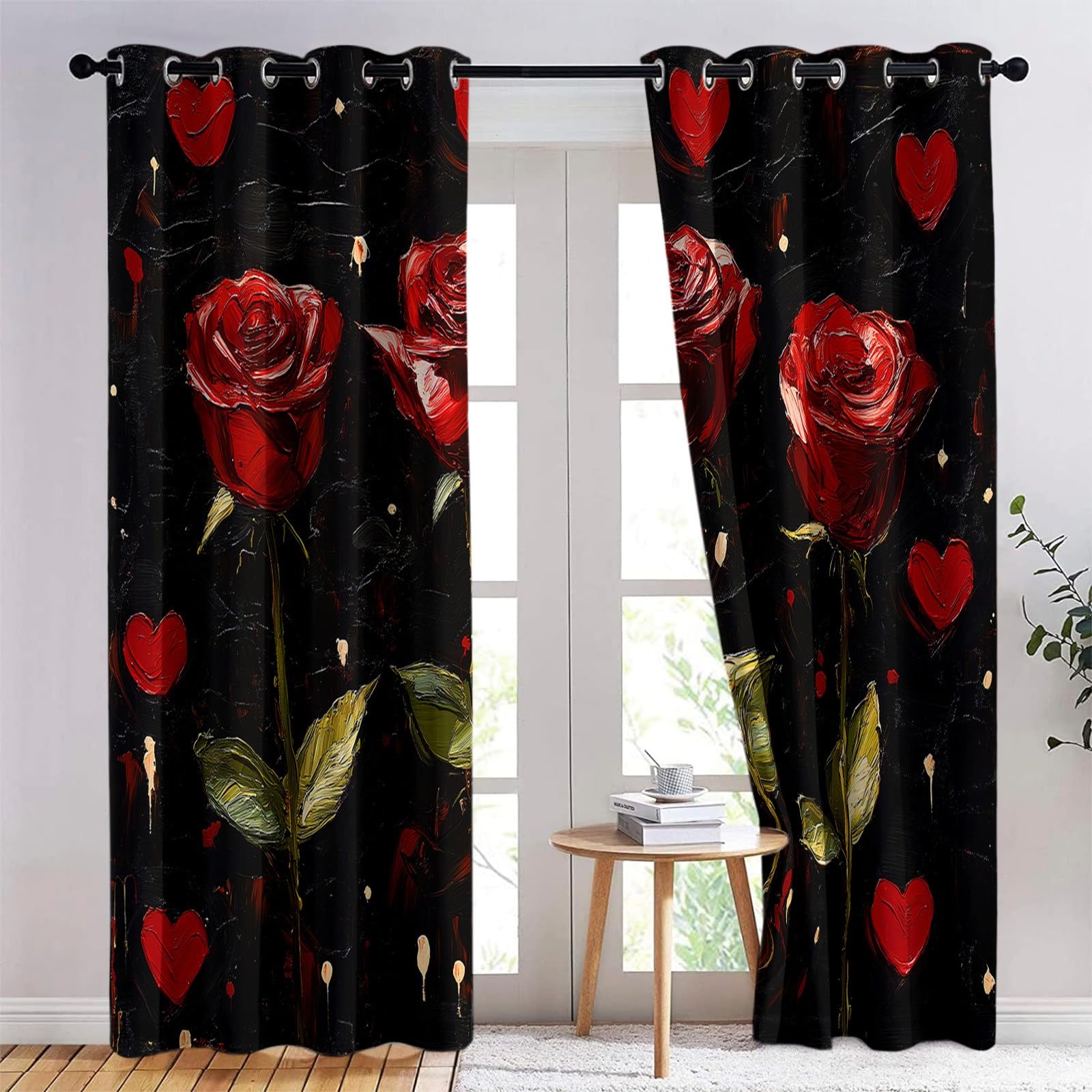 Wakacyjne czerwone róże serce termiczna zasłona zaciemniająca 117 x 229 cm zestaw 2 sztuk, zasłony okienne do salonu, domu, izolacja termiczna, ochrona przed zimnem, czarna