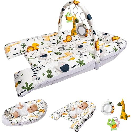 Baby Lounger with Toy Bar & 3 Toys – Infant Nest for Newborns 0–12 Months | 100% Cotton Soft Breathable Cover, Portable Washable Tummy Time Pillow, Shower Gift Registry Essential Newborn Boys