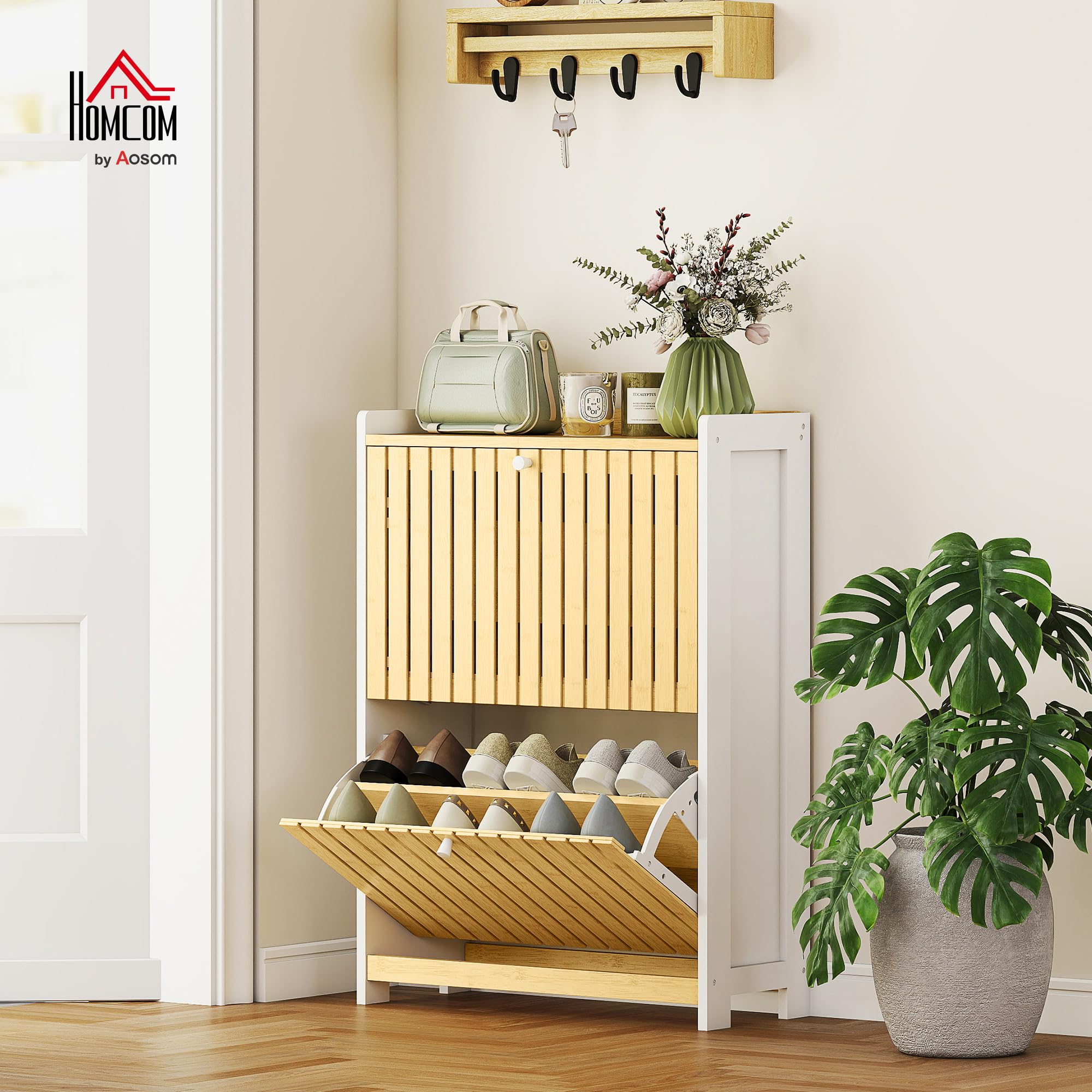 HOMCOM Zapatero Estrecho 2 Puertas de Bambú 60x24x82,5 cm Blanco y Natural | Listones, Zapatero Entrada Recibidor, Estantes Ajustables, 12 Pares de Zapatos