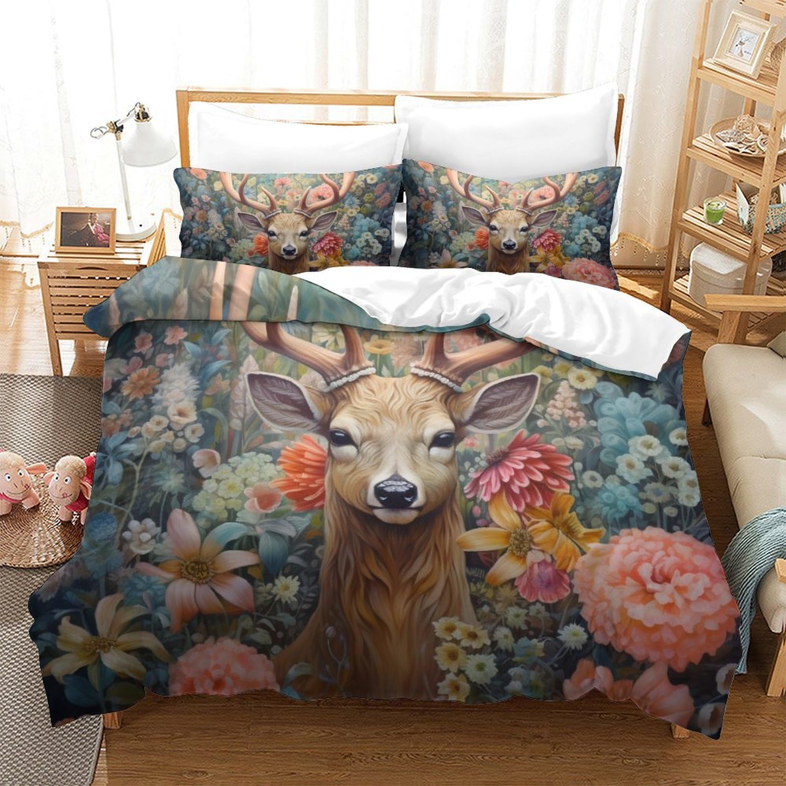 Housse de couette wapiti 3D pour lit king size, parure microfibre zippée chambre enfant et ado