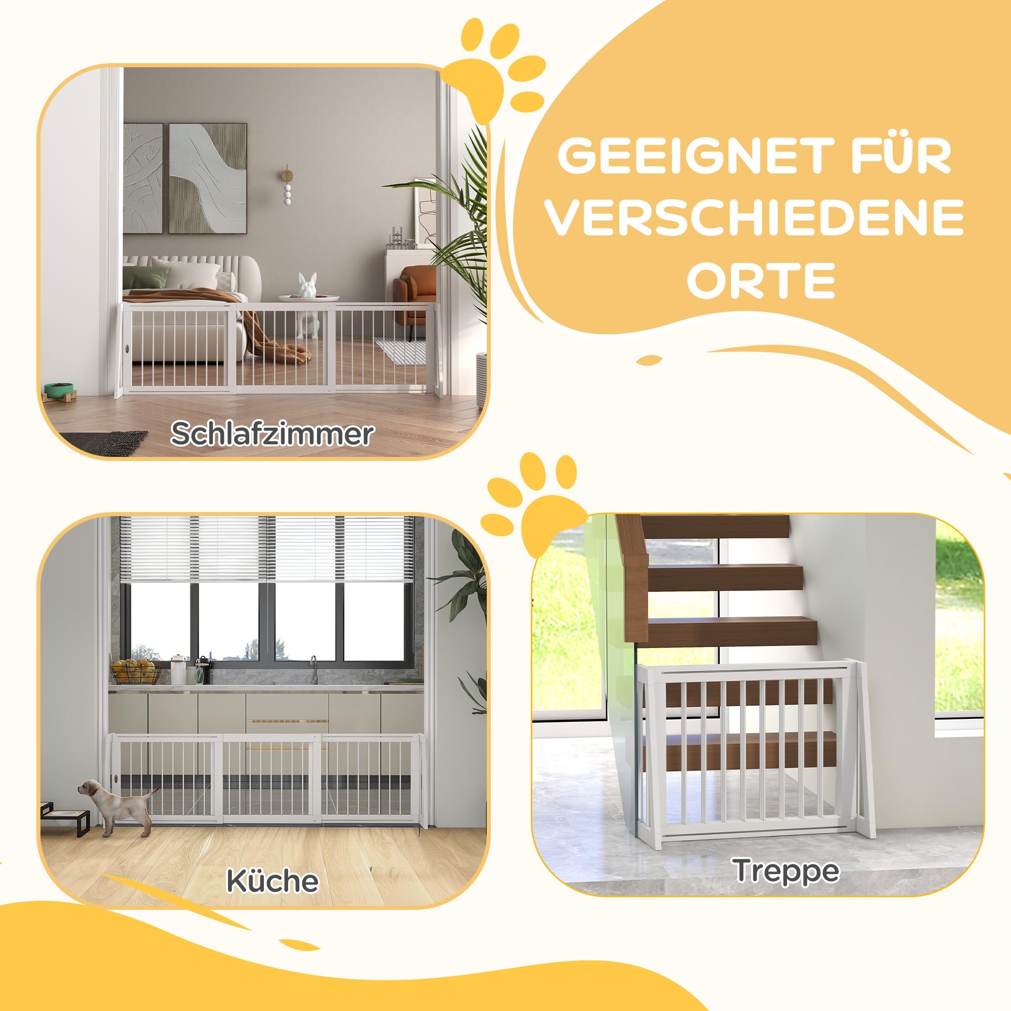 PawHut Absperrgitter Hund, Ausziehbar Freistehendes Schutzgitter mit 3 Paneelen, 56 x 71-190 cm Holz Hundegitter für Treppen, Türen, Küche, Kamin, Treppengitter für kleine Hunde, Weiß