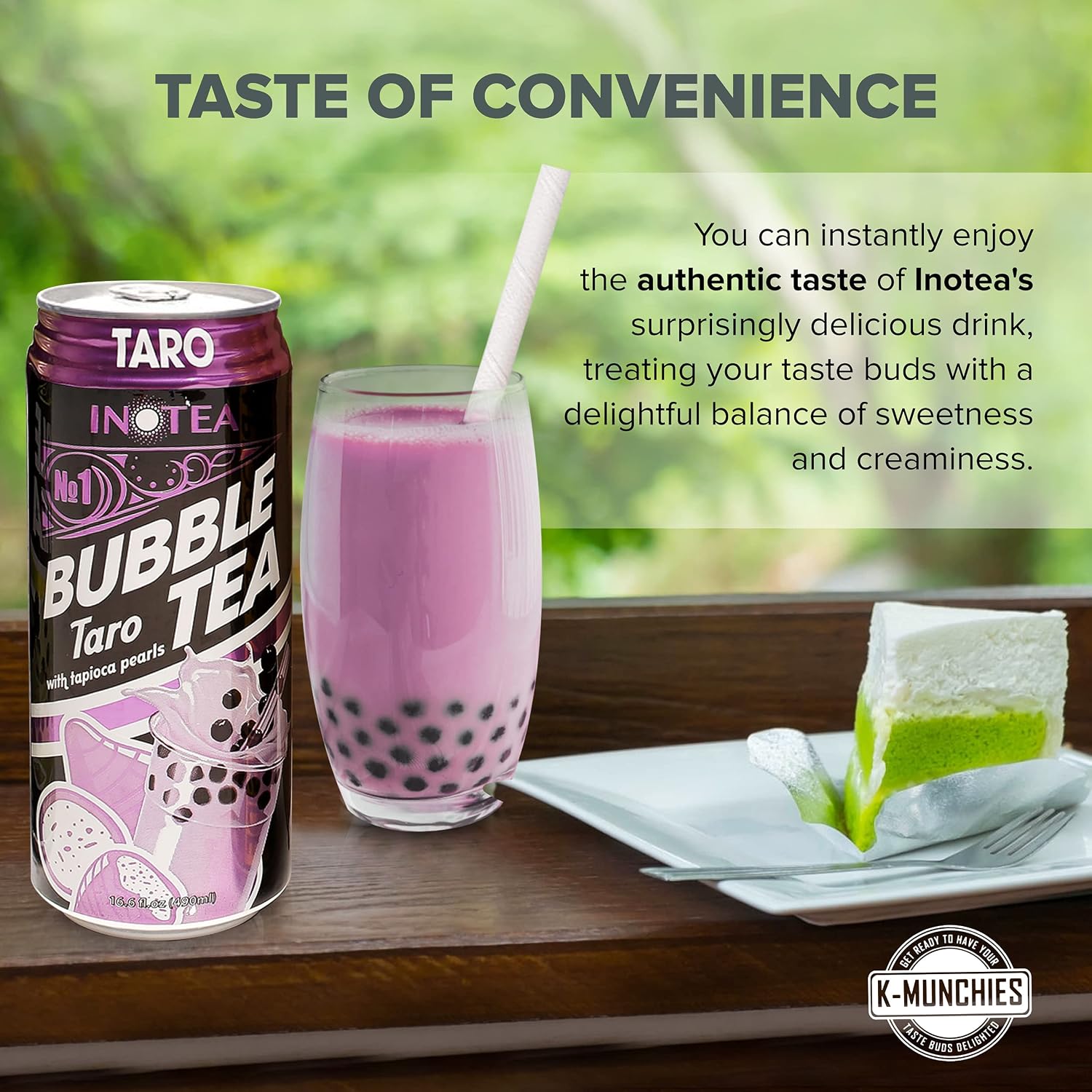 K-Munchies Inotea Bubble Tea in a Can - 8 Pack Tall Canned Boba Milk Tea - 16.6 Oz Instant Boba Drink - Honeydew Melon, Brown Sugar, Matcha Latte, and Taro Flavors - Includes Boba Straw