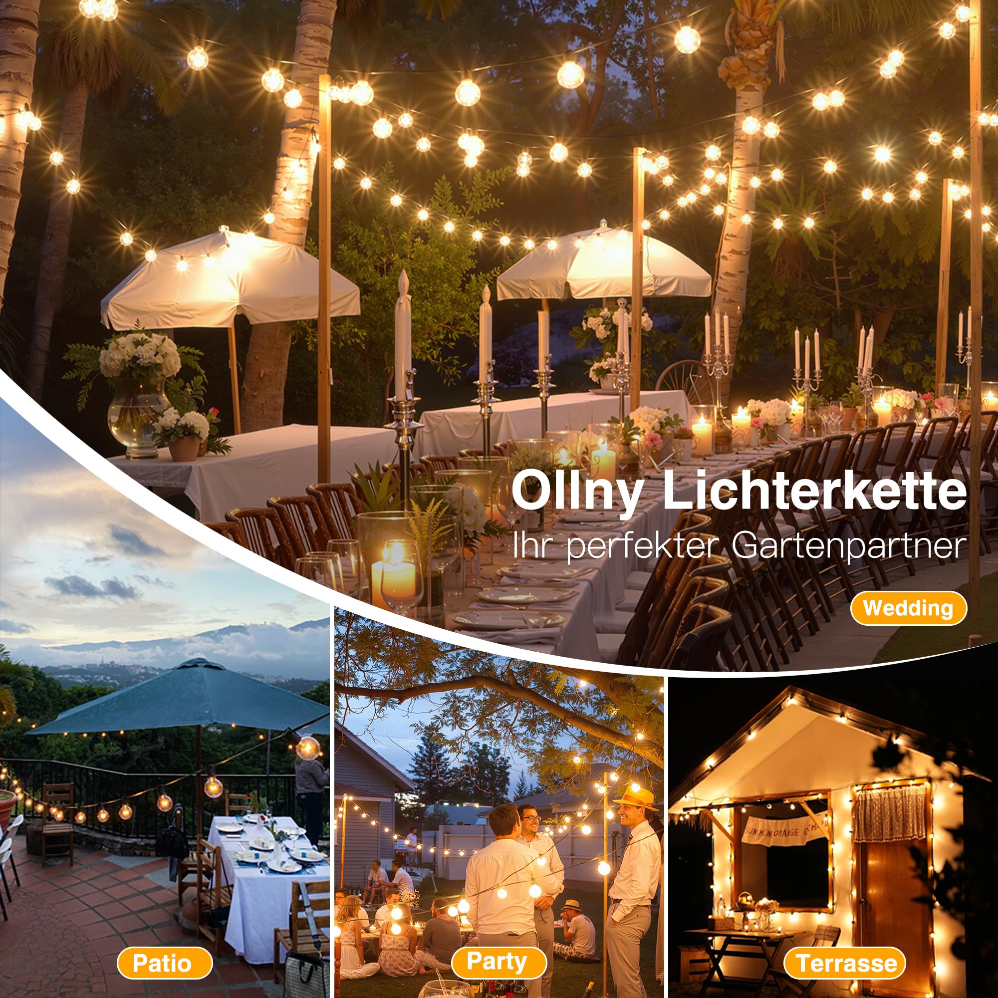 Ollny Guirlande Lumineuse Exterieure, 5M 13+1 G40 LED Ampoules, Guirlande Guinguette LED Connectable, Étanche Chaîne Lumiere Exterieur pour Patio Terrasse Fête Mariage 2700K Blanc Chaud