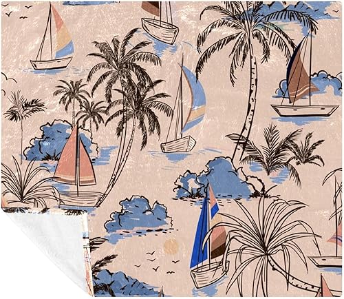 Island with Boat Windsurf Palm Trss Prints Soft Cozy Throw Blanket for Adult and Kids, Lightweight Microfiber Fleece Blanket for Couch Bed Sofa