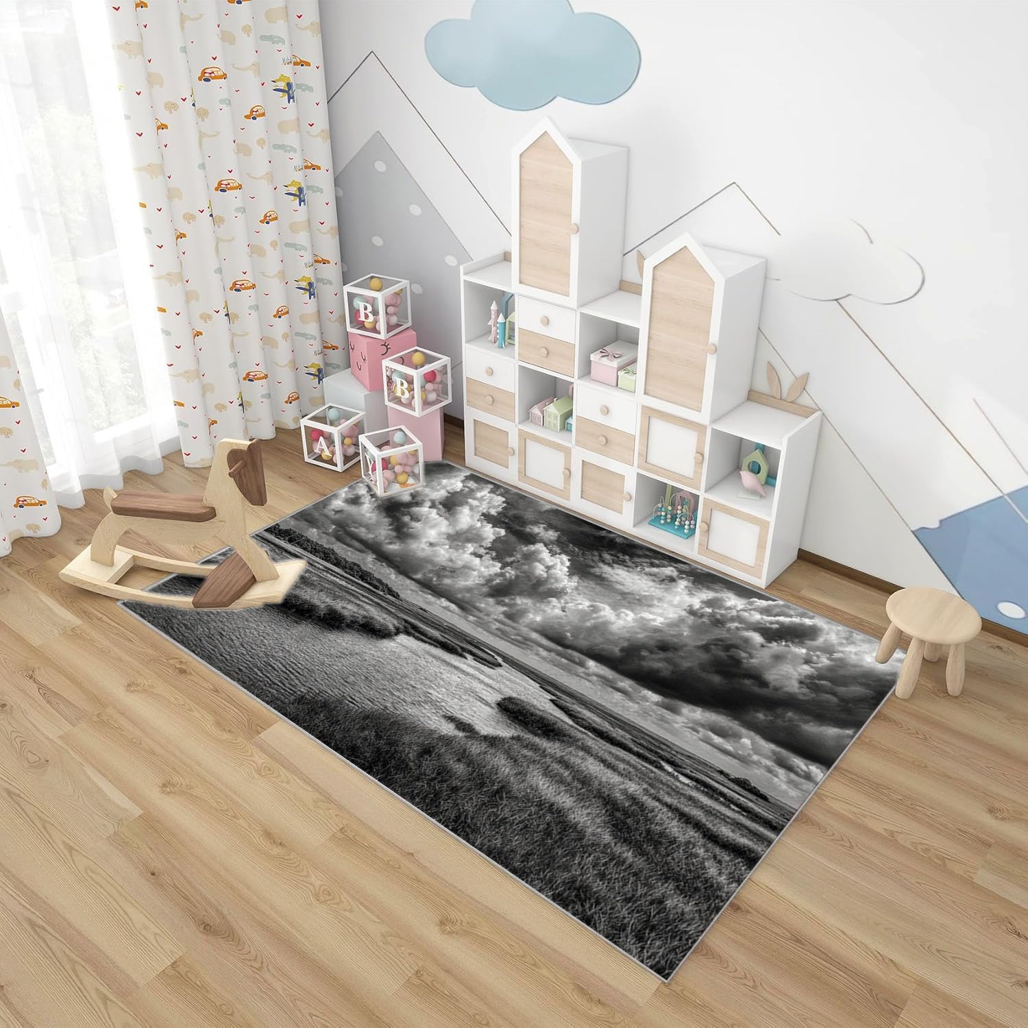 Kolorowy drukowany dywan do salonu rzeka pod chmurami do łazienki, kuchni (czarno-biały)-120x180cm