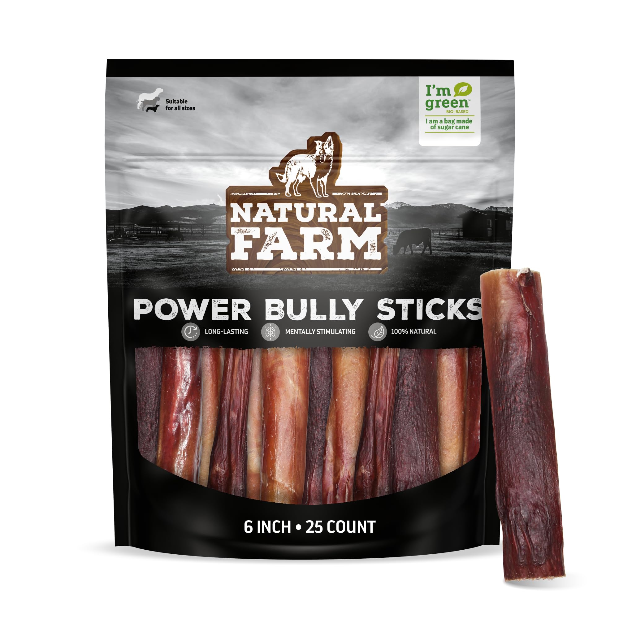 Natural Farm Power Bully Sticks Dog Chews (6”, 25-Pack), 2-in-1 Power Chews: Premium Beef Cheek Wrapped in Beef Pizzle, Long-Lasting, Great Dog Dental Treats for Small, Medium & Large Dogs