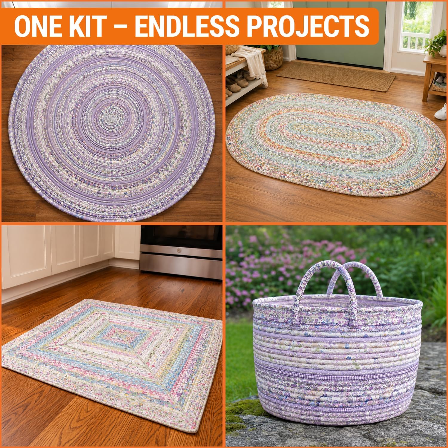 Jelly Roll Rug Starter Kit - 92 yd Cotton Fabric Strips (Light Purple) + 100 yd Batting Strips + Fabric Tube Maker + White Thread + Machine Needles 90/14 for Quilting, Rugs, Blankets & Bags