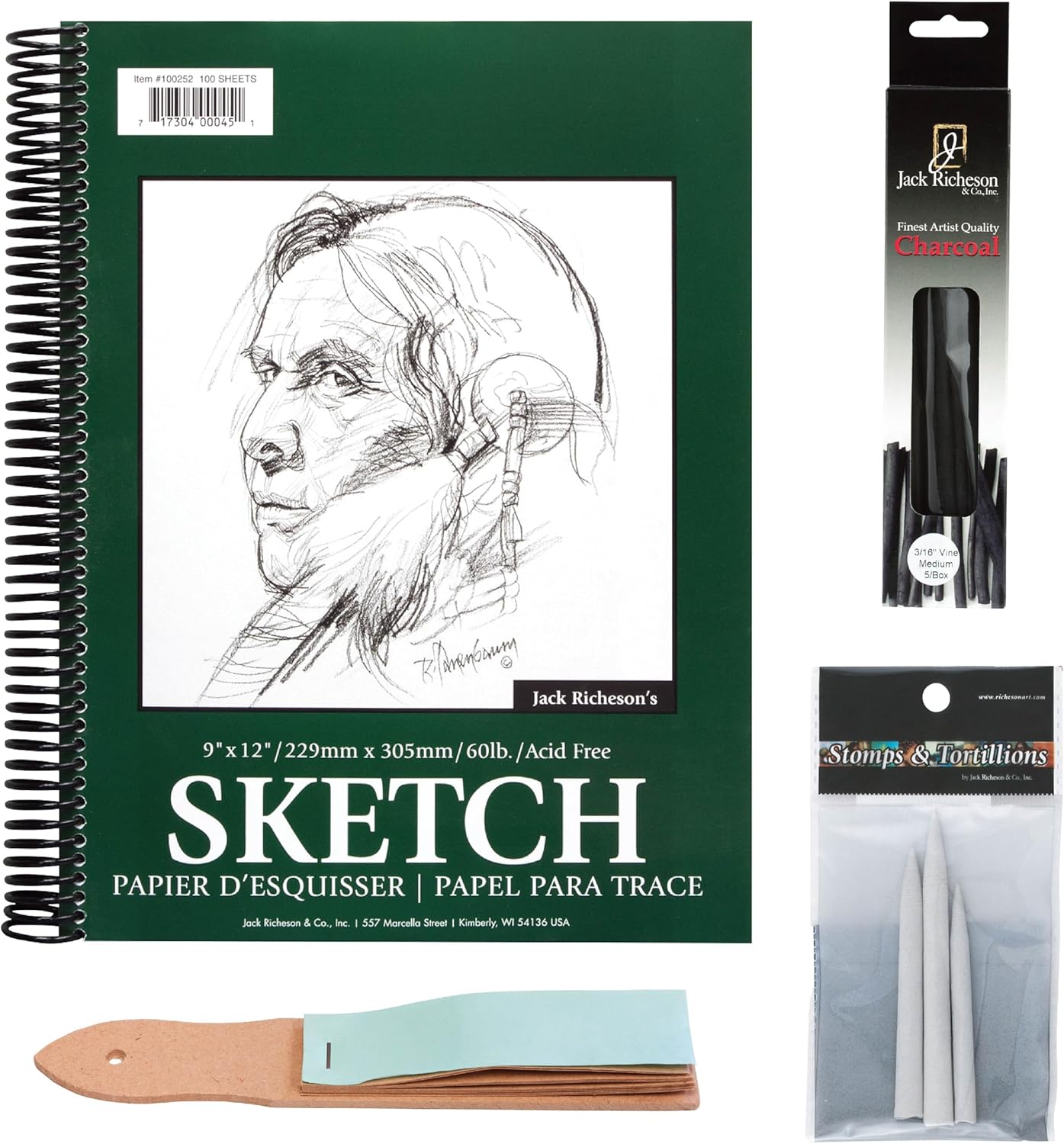 Jack Richeson Introduction to Charcoal Drawing Set – 100 Sheet Brilliant White, Acid-Free Drawing pad, Box of 5 Natural Vine Charcoal Drawing Sticks, 2 Pack of Blending Stomp Pack