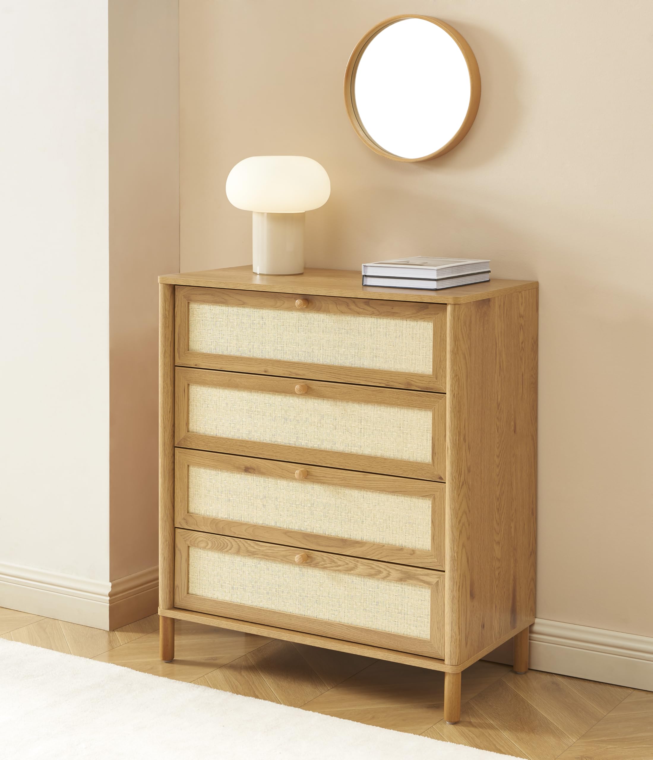 BAÏTA Commode Haida 4 tiroirs Effet chêne et rotin 80cm