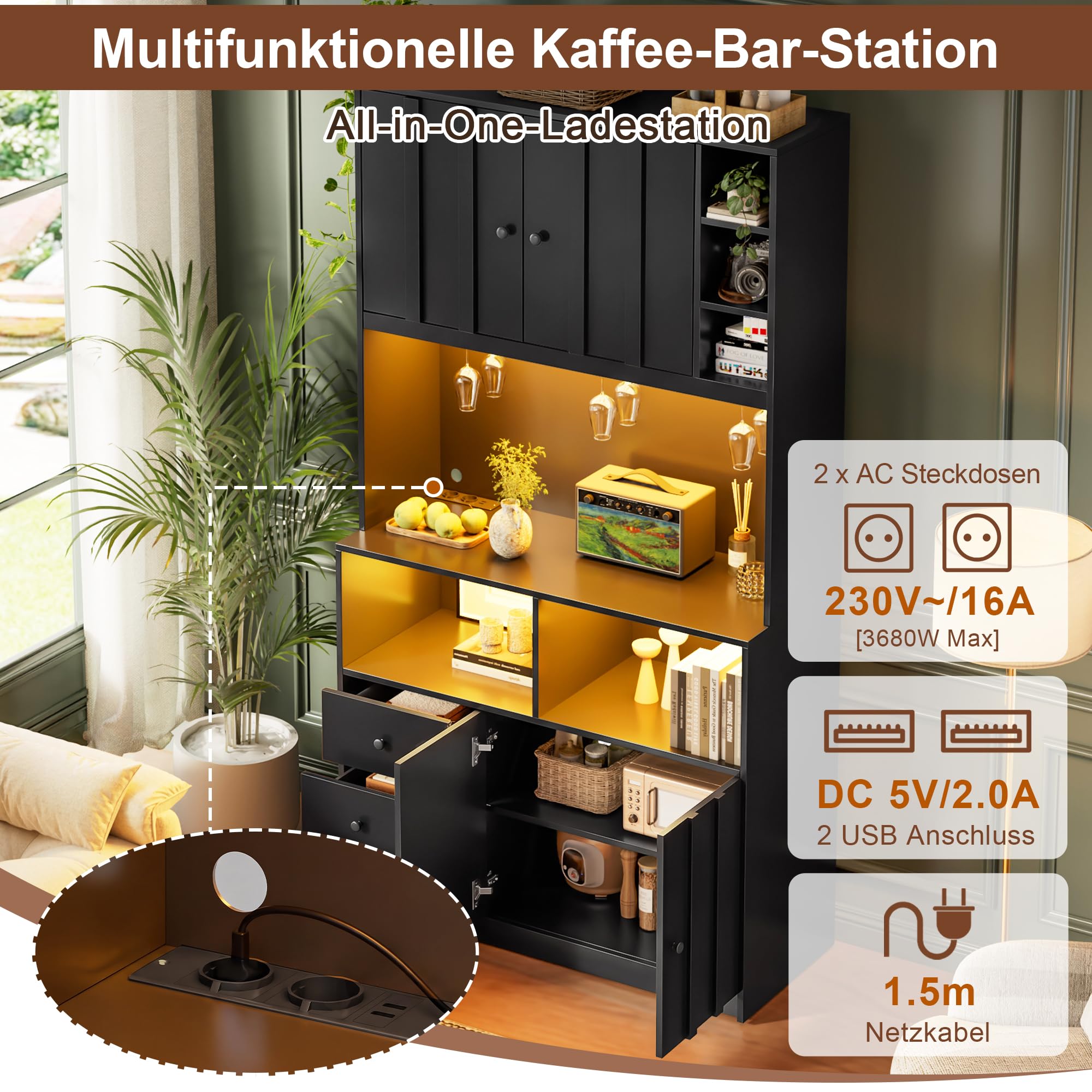 Merax Küchenschrank mit Arbeitsplatten, Buffetschrank mit LED, Steckdose, 3 Schubladen, Weinregal, Offenen Regalen, Verstellbare Einlegeböden, Küchenschränke für Küche, 100x40x180cm, Schwarz