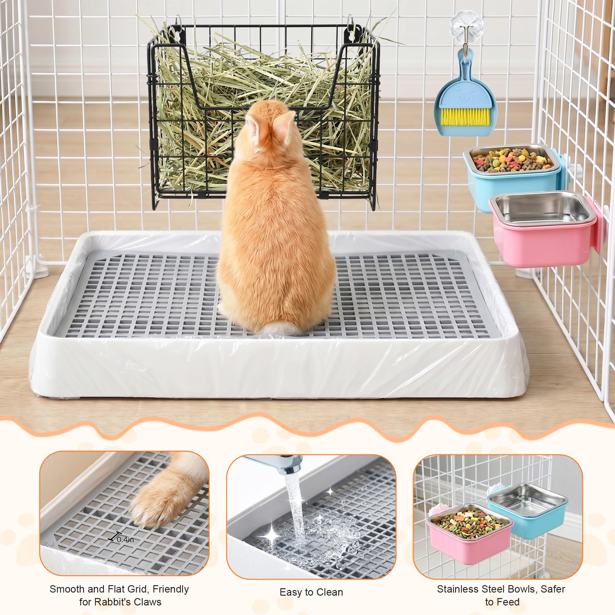 Lettiera per conigli con mangiatoia per fieno, fodera usa e getta per gabbia, in acciaio inox, per piccoli animali domestici, vasino per conigli, porcellini d'India, cincillà, furetto