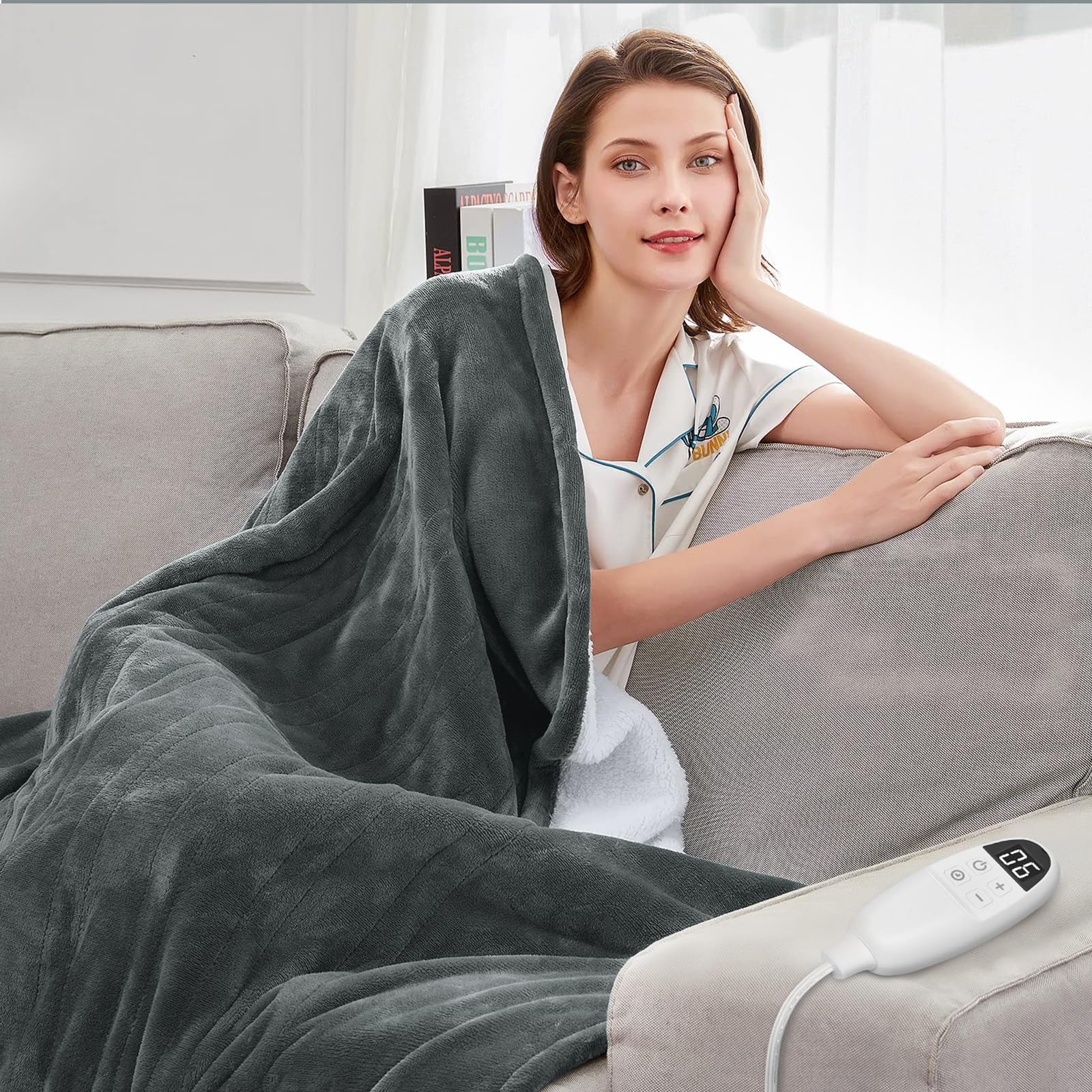 Manta eléctrica PRANITE - Manta térmica de franela Sherpa con 6 niveles de calor, apagado automático a las 10 horas, lavable a máquina, gris (180 x 130 cm)