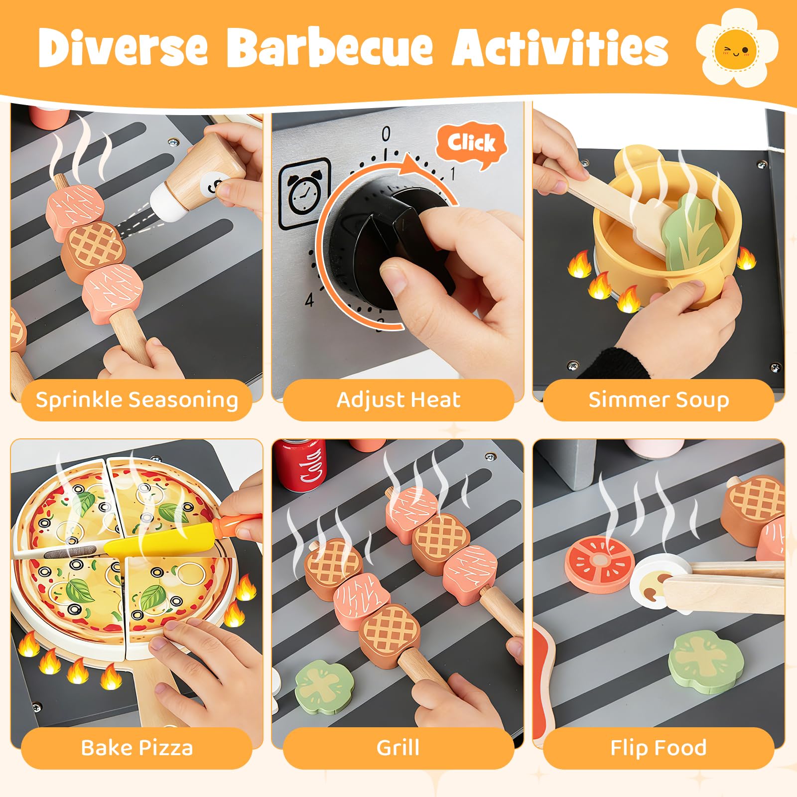 FANTASK Juguete para Barbacoa Infantil, Barbacoa con Cubiertos para Barbacoa y Alimentos para Juegos, Cocina de Barro con 2 barbacoas y Tapas abatibles, Juego de Cocina para Exteriores para niños a