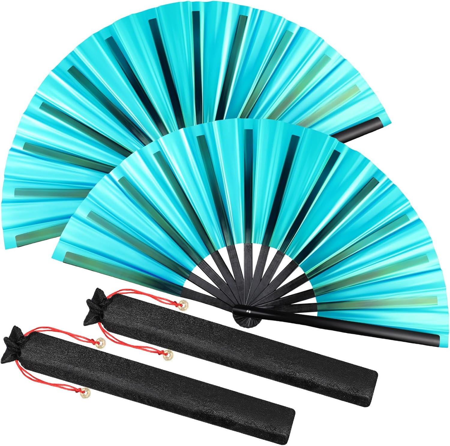Maitys 2 Packs Large Folding Silk Hand Fans Festival Tai Ji Fan Chinese Folding Rave Fan Handheld Renaissance Fan Martial Art Fans for Men and Women, Dance, Decorations, Festival, Gift (Turquoise) 2 Turquoise