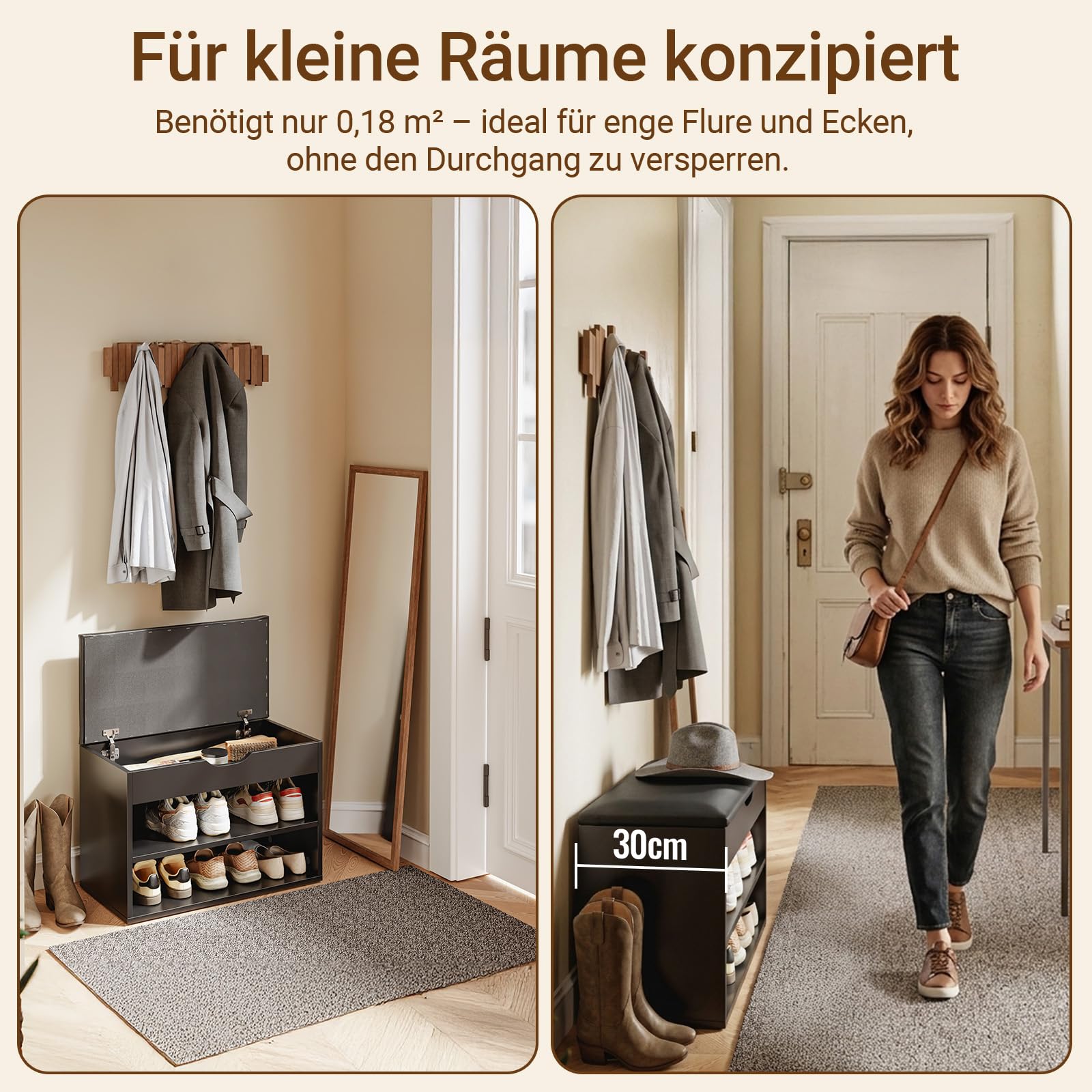 SoBuy Schuhbank mit Sitzfläche, Schuhregal mit Sitzbank, Schuhbank mit Stauraum 3-in-1, für Kleine Wohnungen, Eingangsbereich, Flur, Schlafzimmer, Schwarz, 60 x 30 x 43 cm, FSR25-SCH