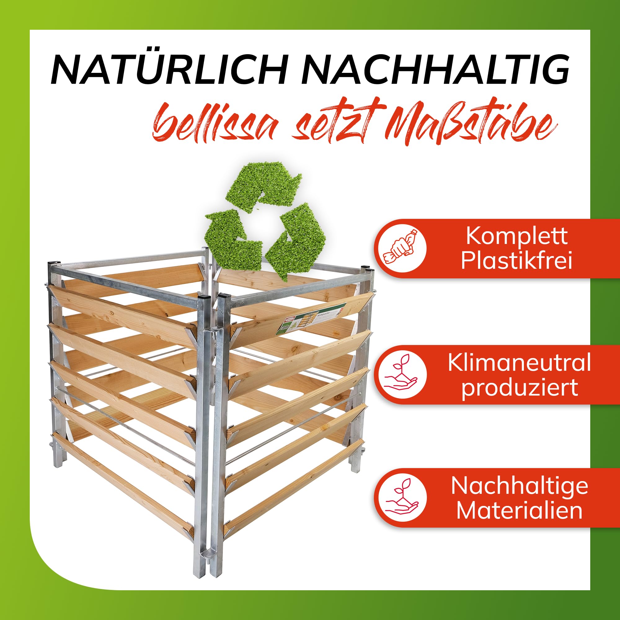 bellissa – Komposter für Garten 100x100x100cm (L) – Gartenkomposter in Holz-Metall Optik feuerverzinkt – Optimale Belüftung für schnelle Kompostierung – Nachhaltige Gartenlösung für Bio-Komposthaufen