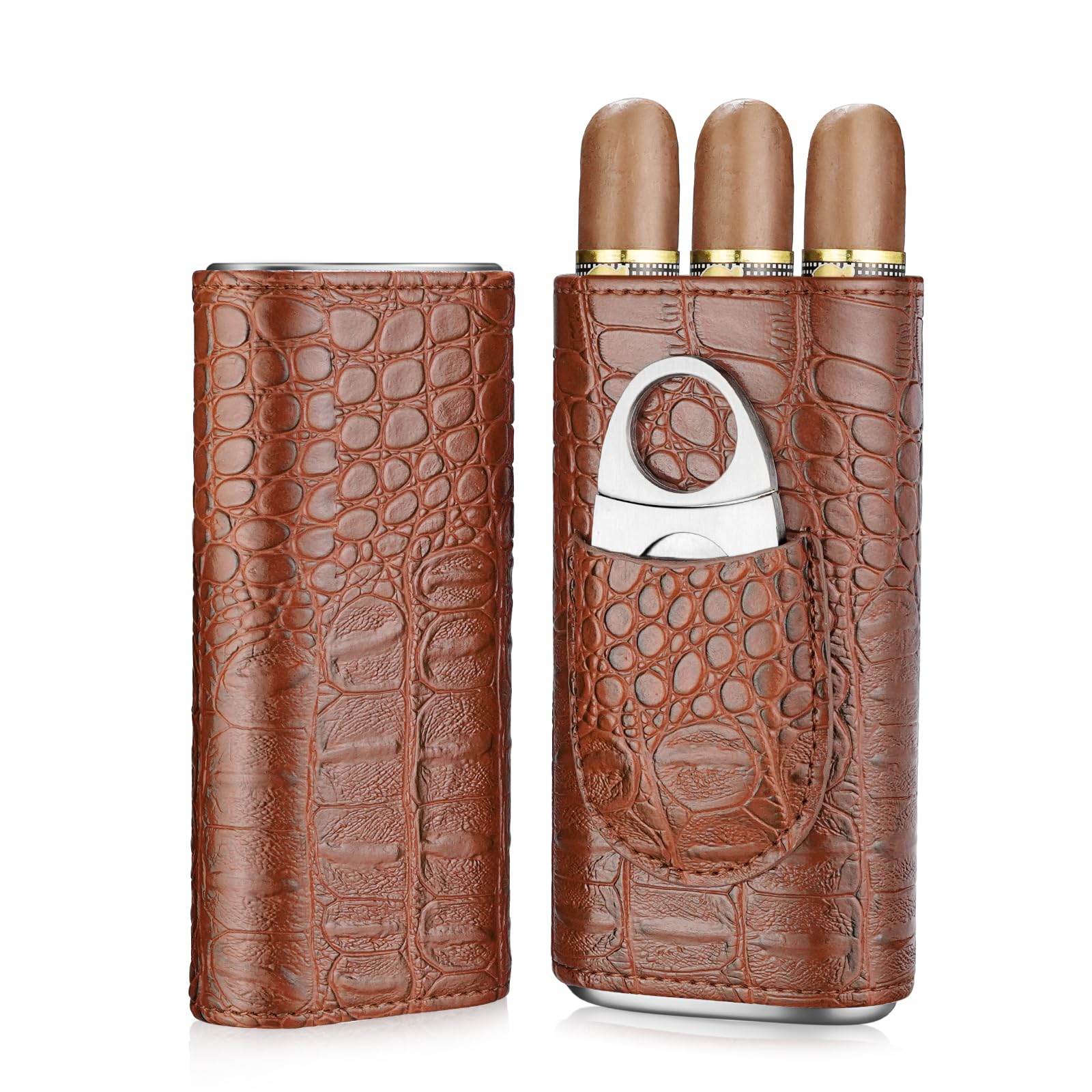 cgaplus 3-Finger Cigar Case with Cutter Crocodile Pattern Leather Cigar Humidor Case Portable Travel Case for Men(Brown)