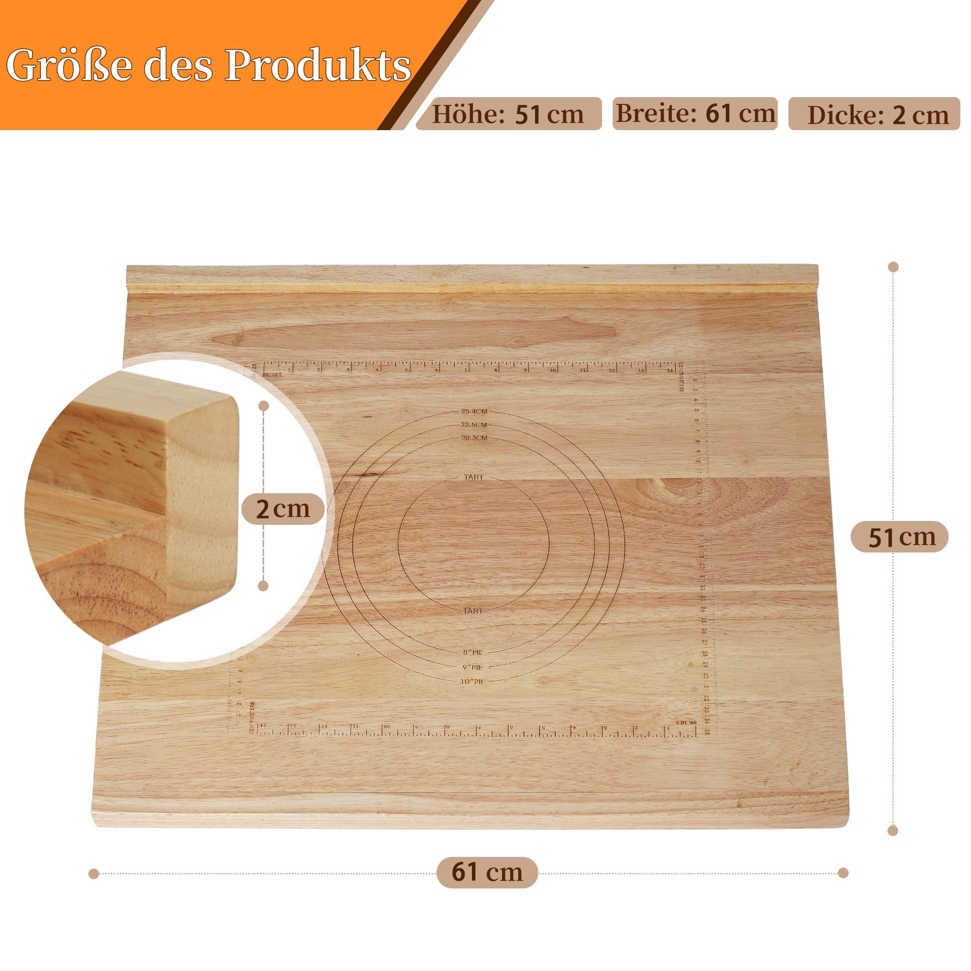 Schneidebrett Holz schneidebretter 51 * 61 * 2cm Rutschfestes Schneidebrett mit Maßband Verwendung als Frühstücksbretter, Küchenbretter, Servierbretter, Brotbretter (1 PACK)