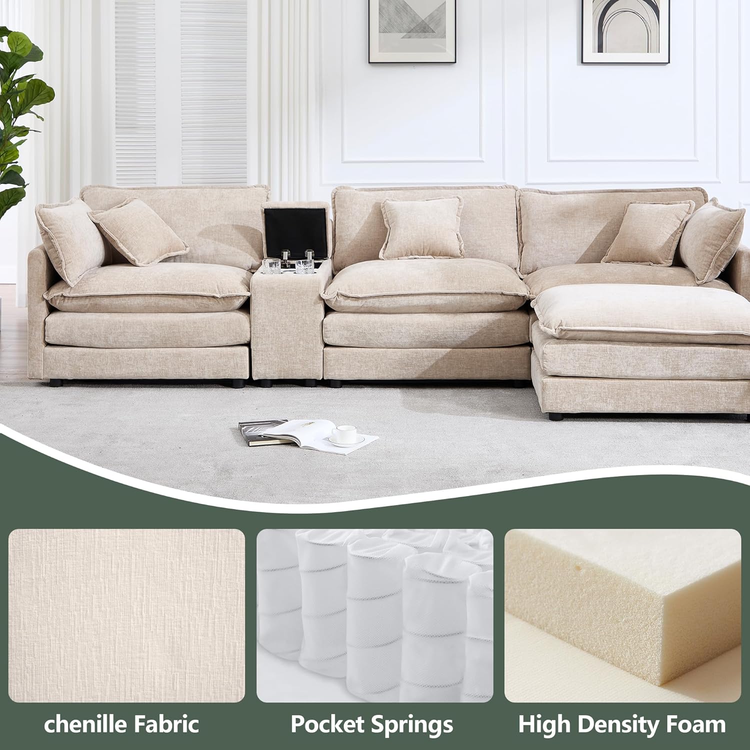 L Shaped Sectional Couch with Cup Holder, 124" Modular Deep Seat Sofa, Cloud Sectional Sleeper Sofa with Storage Chenille Comfy Couches for Living Room Apartment, Camel