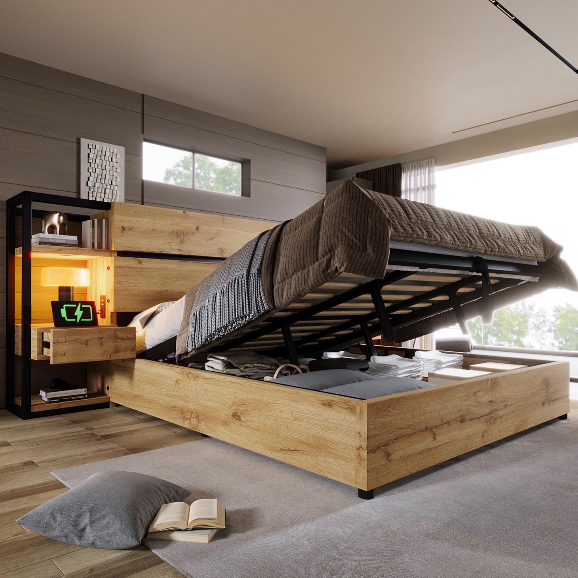 Cama 180x200 cm Camas Matrimoniales con Cajón y Almacenamiento Hidráulico, Cama Matrimonio con Carga USB y Estante Almacenaje, Estructura Camas Doble con Lamas Madera, Sin Colchón, Color Roble
