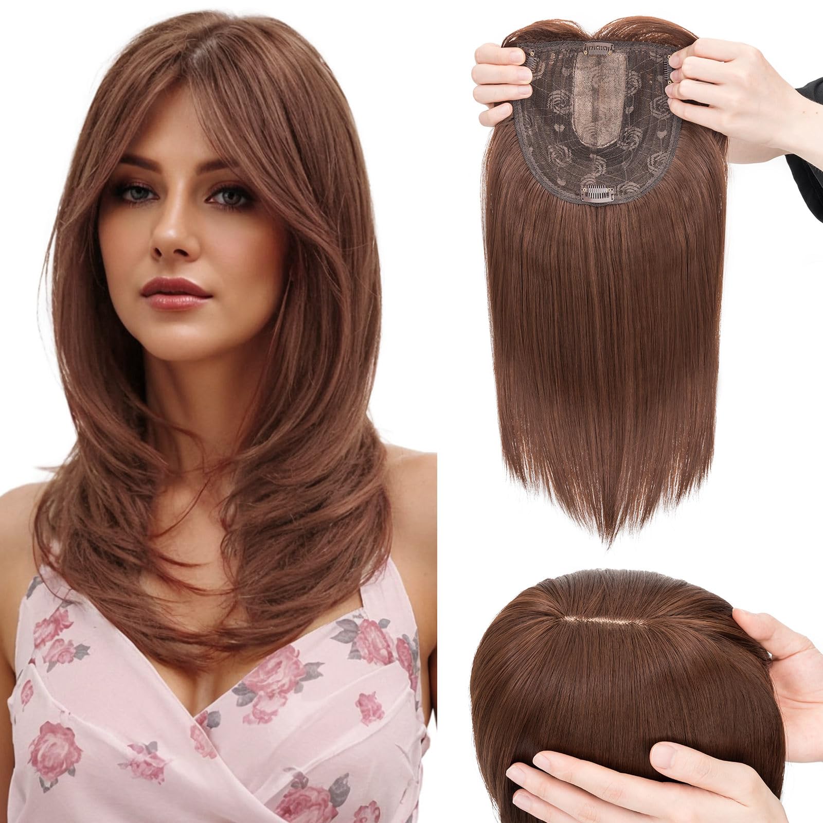 Hairro Hair Toppers with Bangs for Women, 6"x6" Base Add Volume Length with Invisible Clips In Hairpieces Synthetic Wiglets, for Daily Use/Halloween/