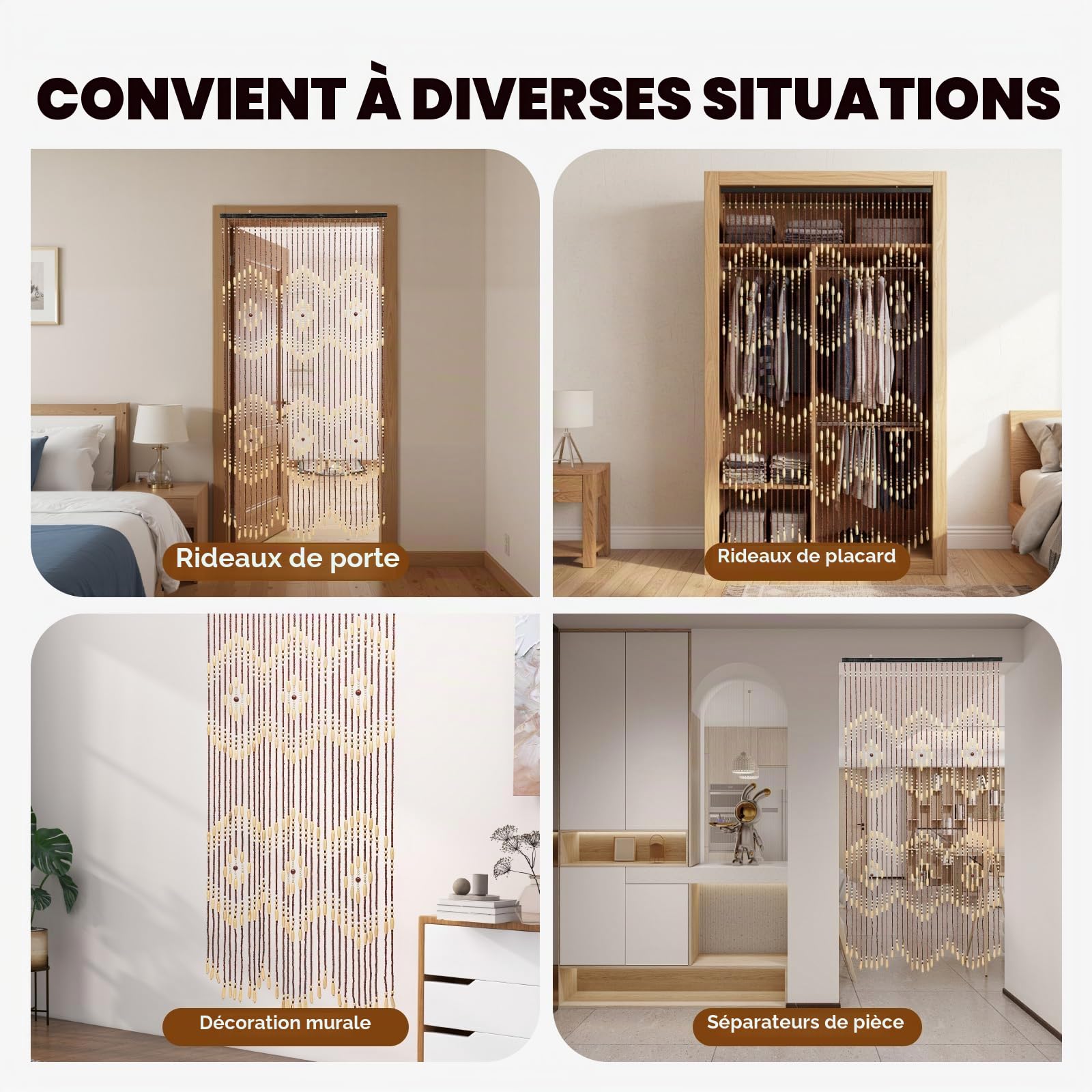 Rideau Pour Porte En Bambou 90x175cm Naturel Avec Perles En Bois Style Rétro À Fils En Bois Anti-insectes Pour Séjour Diviseur Décoratif