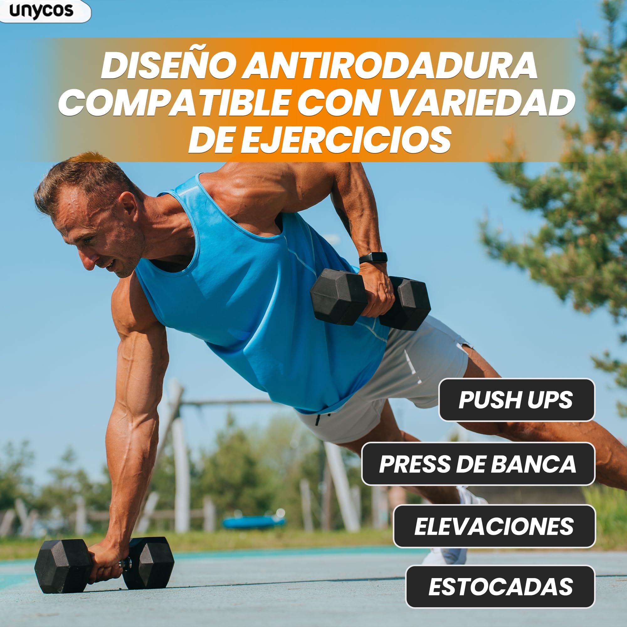 unycos - Mancuernas y Pesas Antideslizantes con Revestimiento de Caucho y Empuñadura Cromada, Disponibles de 5 a 20 kg con Diseño Anti-Rodadura, Entrenamiento de Fuerza/Fitness