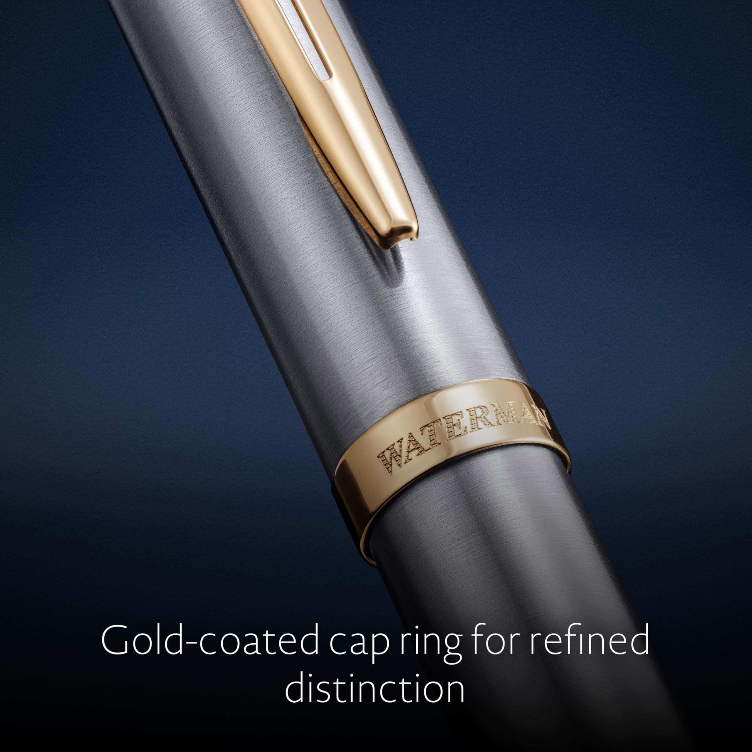 Waterman Impression Pluma estilográfica | Plumín fino con recarga de tinta azul | Acero inoxidable con adornos chapados en oro | Caja de regalo