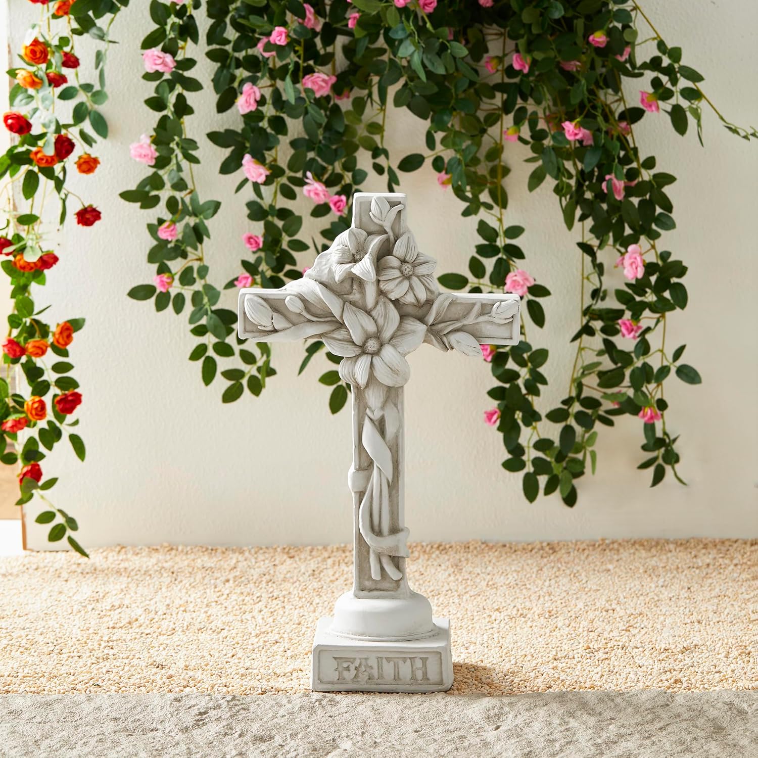 Glitzhome Holy Cross with Lily Garden Statue MGO Outdoor Decoration, 13.75" H, Ash Gray
