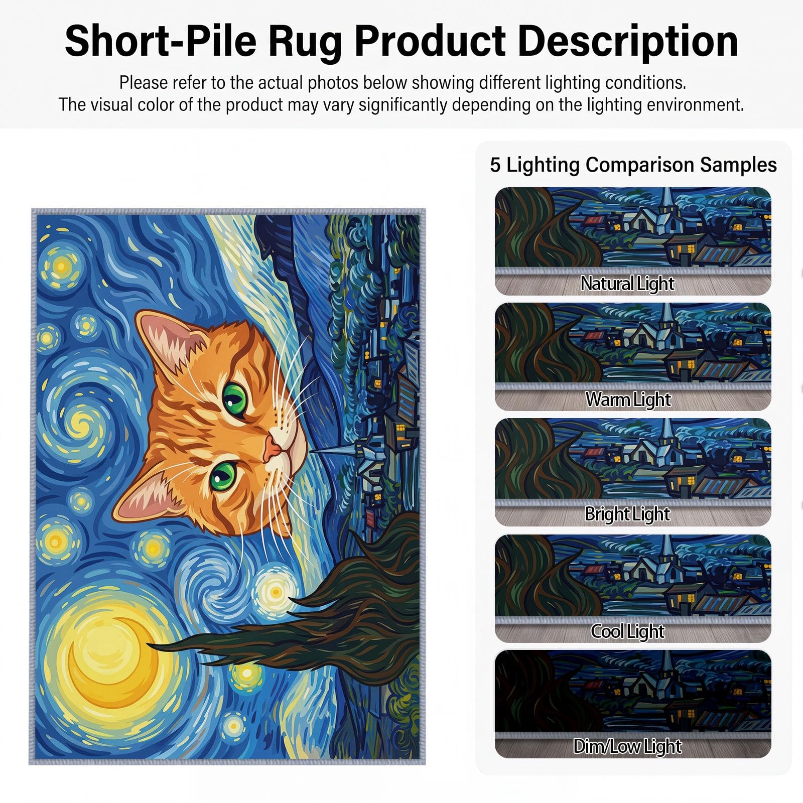Tapis de Salon Lavable en Machine 160 x 230 cm, Peinture À L'Huile Animaux Chat Ciel Étoilé Tapis Chambre, Antidérapant, Poils Courts, Douce, Adapté à L'aspirateur pour Entree Interieur, Couloir, Bleu
