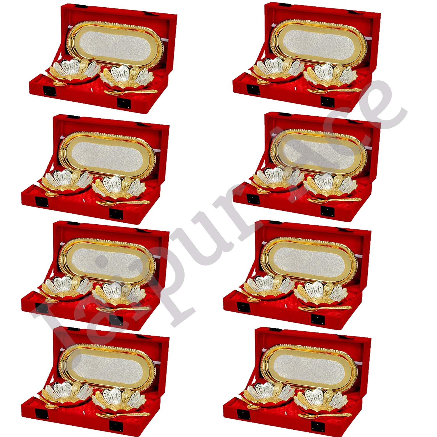 DESIGNOX Gold and Silver Plated Bowl with Tray and Spoon Set, 5 Piece | Best for Birthday, Anniversary, Corporate, Return Gift - Pack of 8