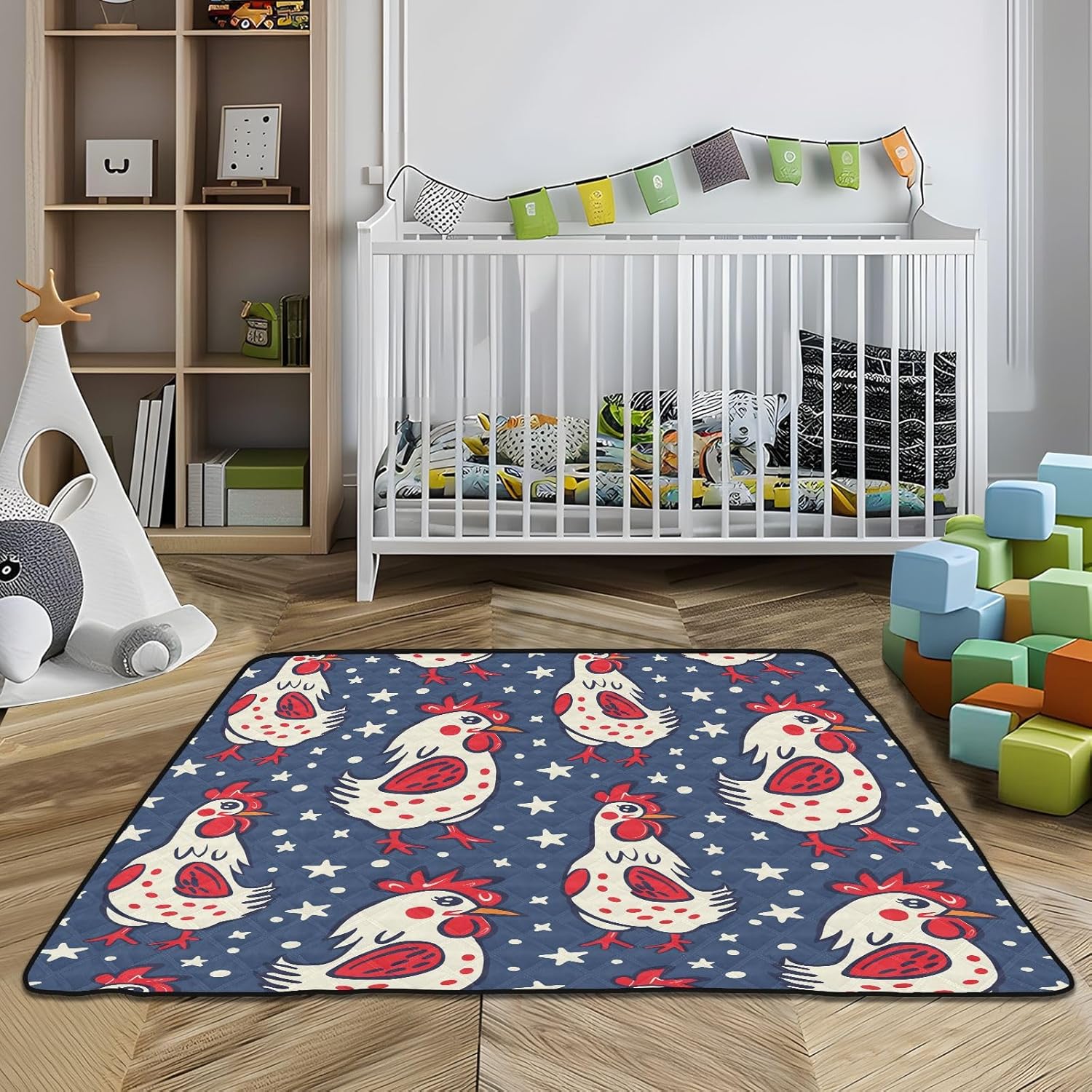 Baby Play Mat Independence Day Chicken 4th of July 50 x 50 Playpen Mats for Floor Play Gym Crawling Mat Non-Slip Cushioned Baby Playmat for Infants, Babies, Toddlers