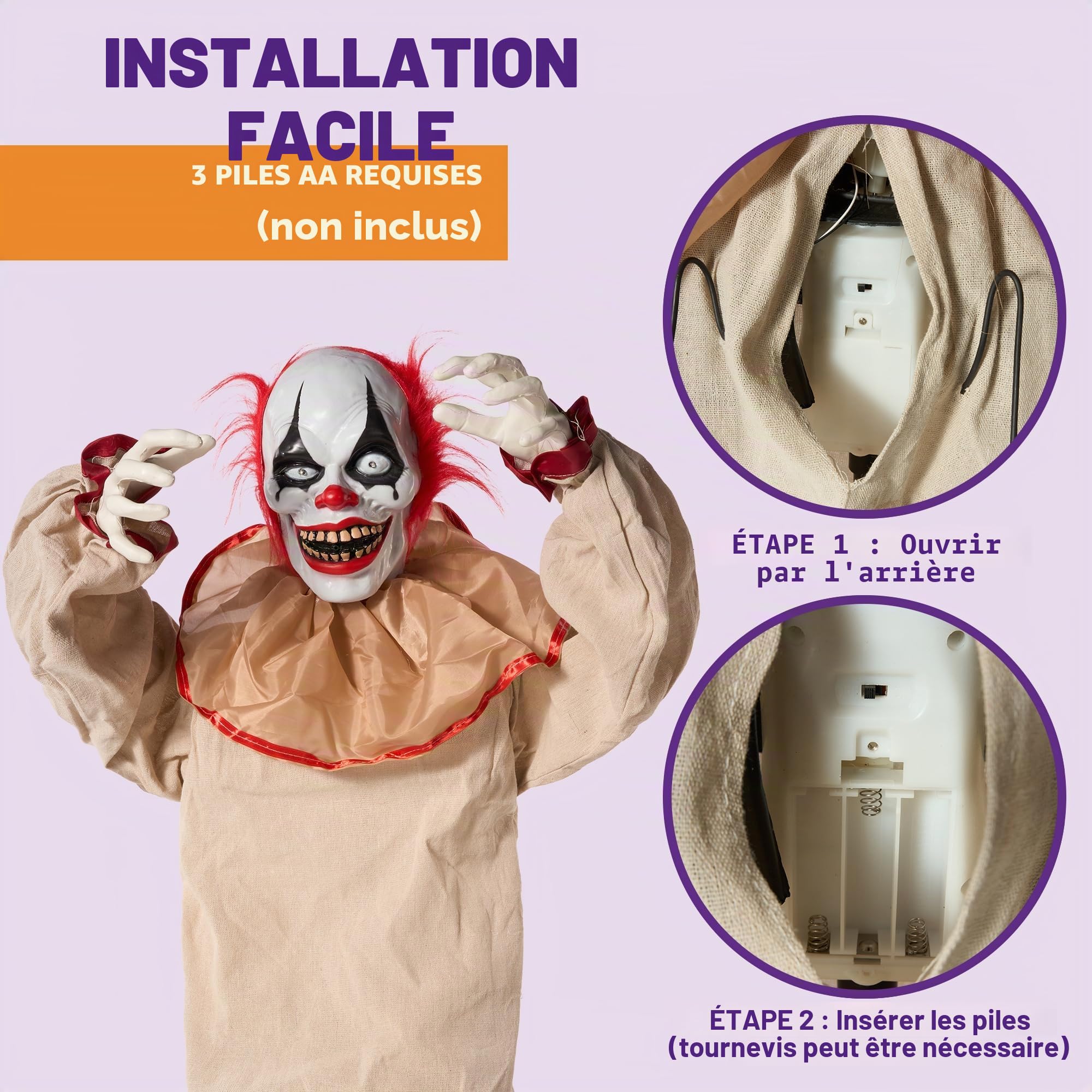 JOYIN Décoration de Clown Assis animatronique d'halloween de 165cm avec Yeux Lumineux, Son Effrayant, Bras et tête Mobiles (activé par Le Son et la lumière) pour Les décorations de Maison hantée