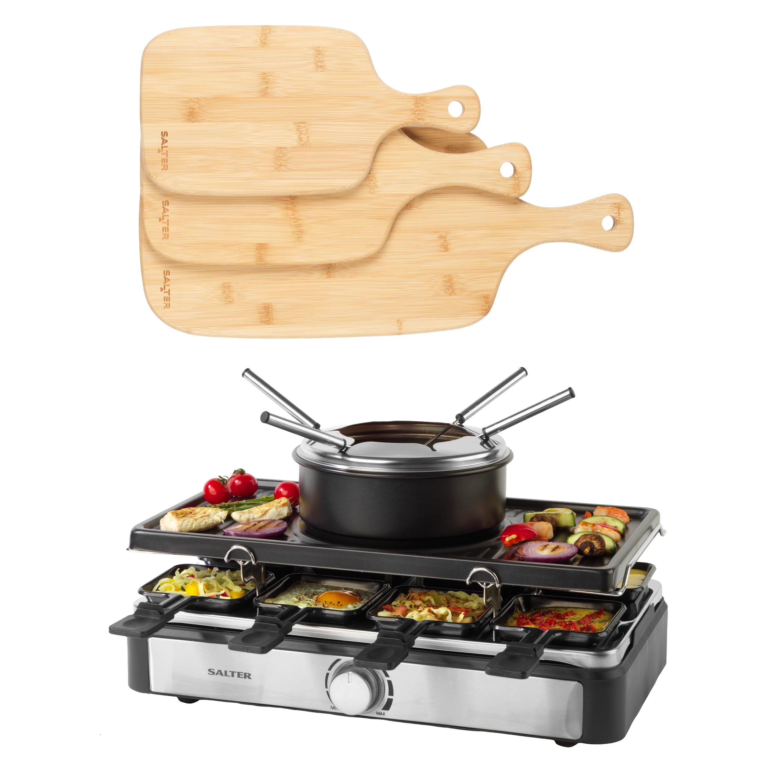 Salter COMBO-7477 Electric 2 in 1 Raclette Grill & Fondue Set and Bamboo Paddle Chopping Board Set, Adjustable Temperature Control, Protects Kitchen Worktops, Ideal for Serving Charcuterie, Cheese