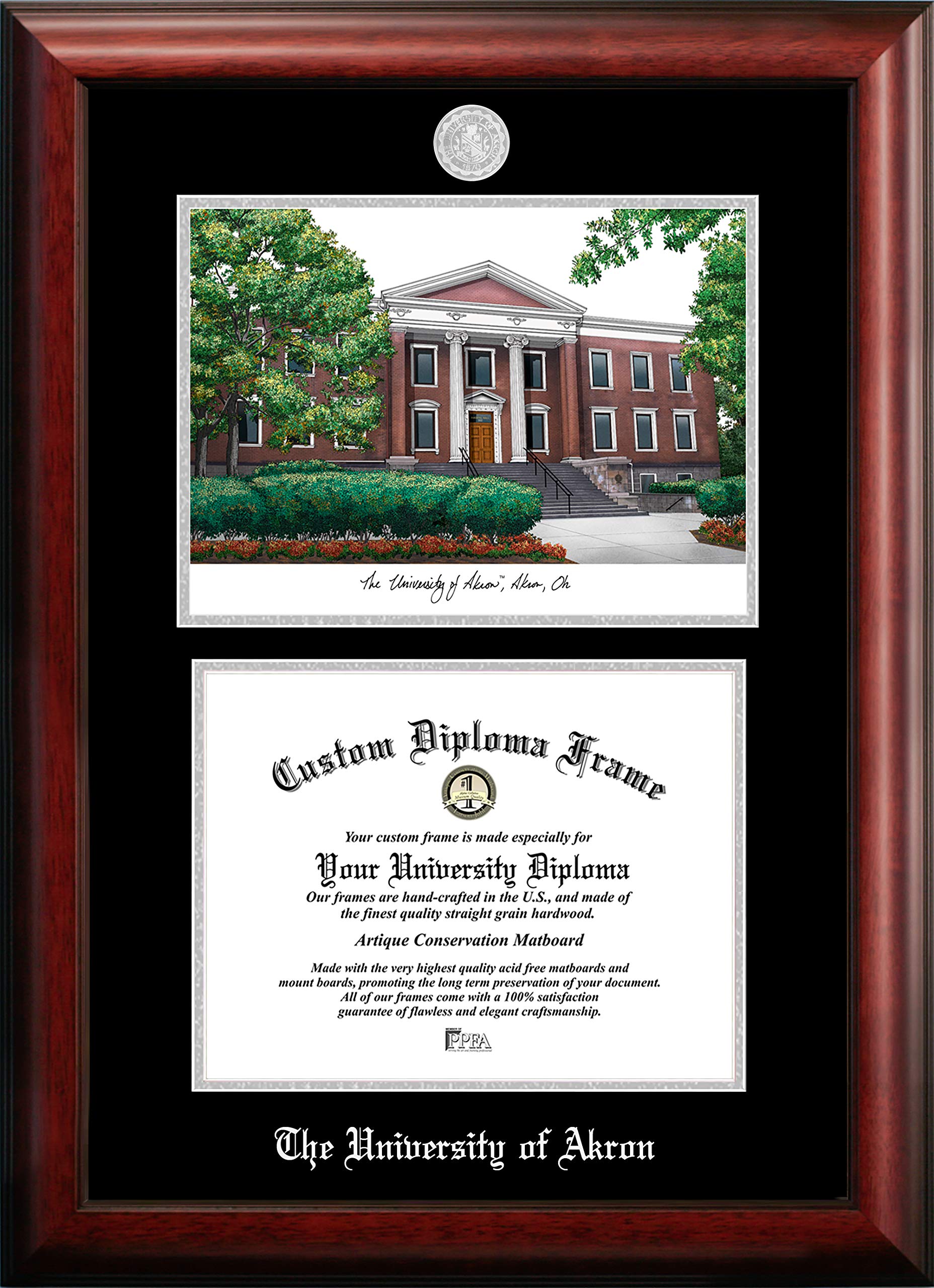 Campus Images NCAA Akron Zips Unisex Silver Medallion Frame University of Akron 11w x 8.5h Silver Embossed Diploma Frame Lithograph, Brown, One Size
