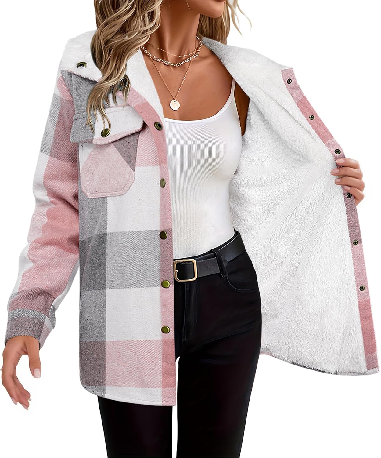 Zeagoo Womens Plaid Shacket Jacket Long Sleeve Fleece Hooded Jackets Fall Winter Warm Coat S-2XL - Image 2