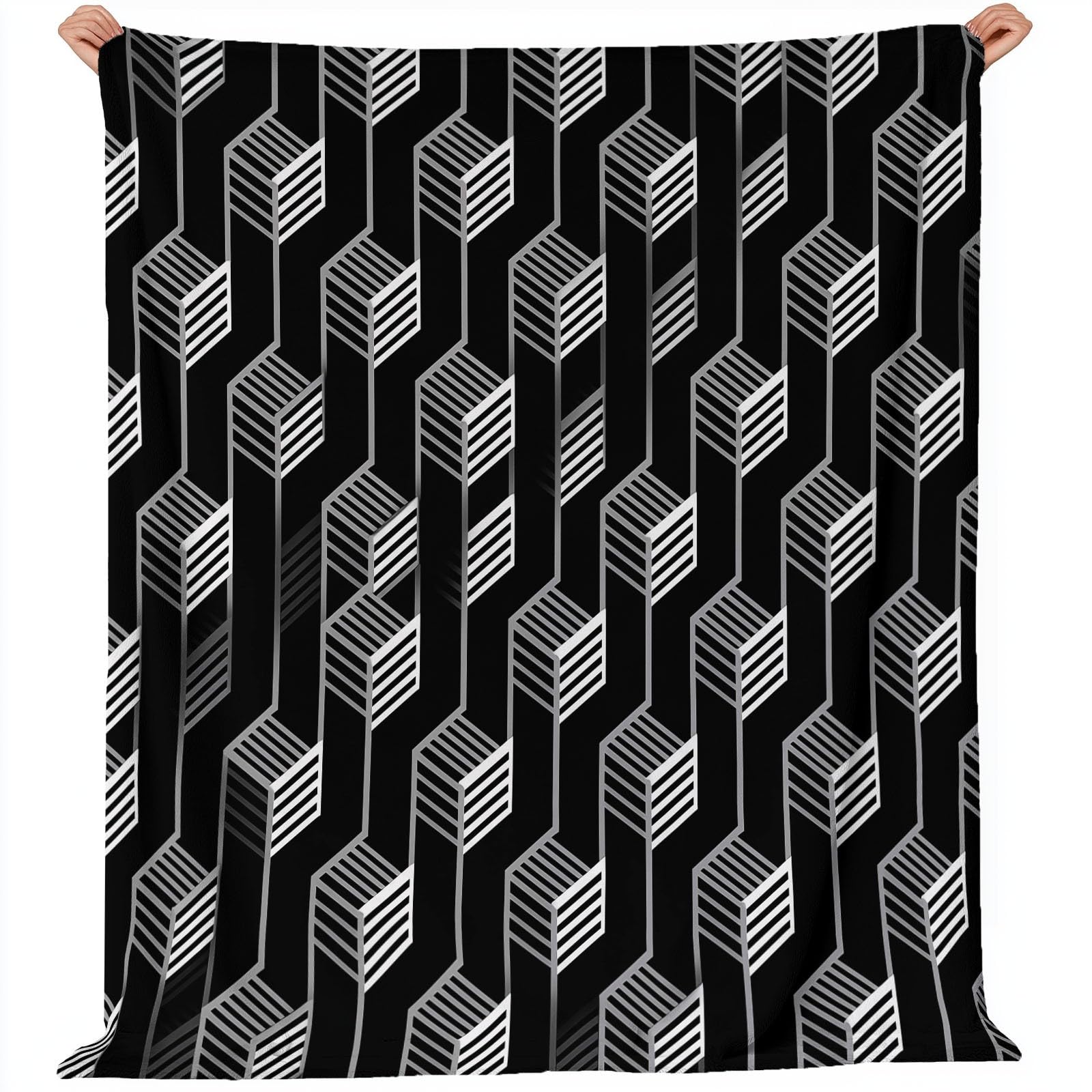 Manta de Franela Geometría Moderna para Mujeres y Hombres, Manta de Felpa de Franela Suave para sofá Cama, decoración de habitación Infantil 200 x 220 cm Negro