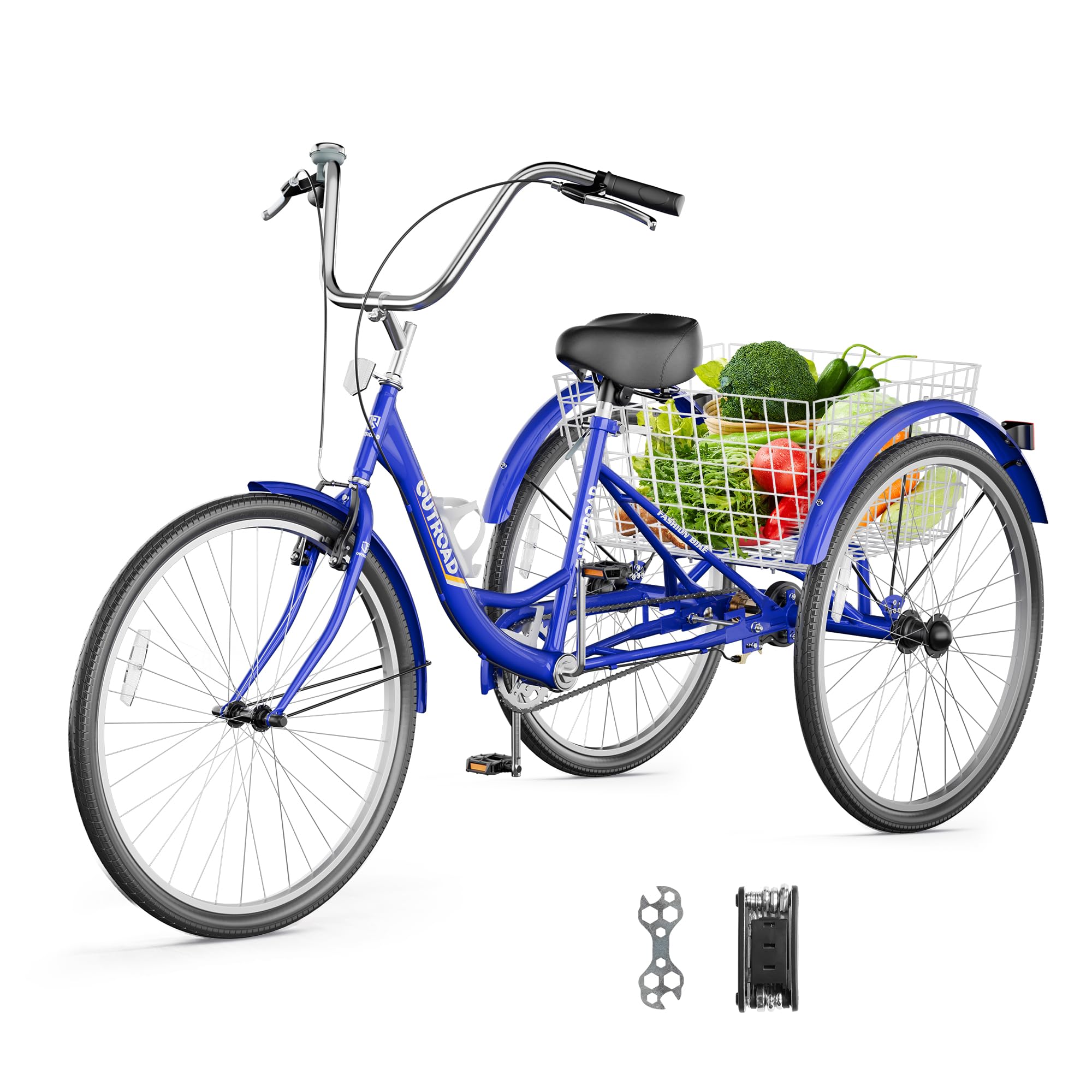 Outroad Adult Tricycle, 24/26 inch 1/7 Speed Cruiser Trike, 3 Wheel Bikes with Large Basket for Seniors, Women, Men, Adult Trikes for Shopping Picnic Outdoor Sports,Red Blue and Purple