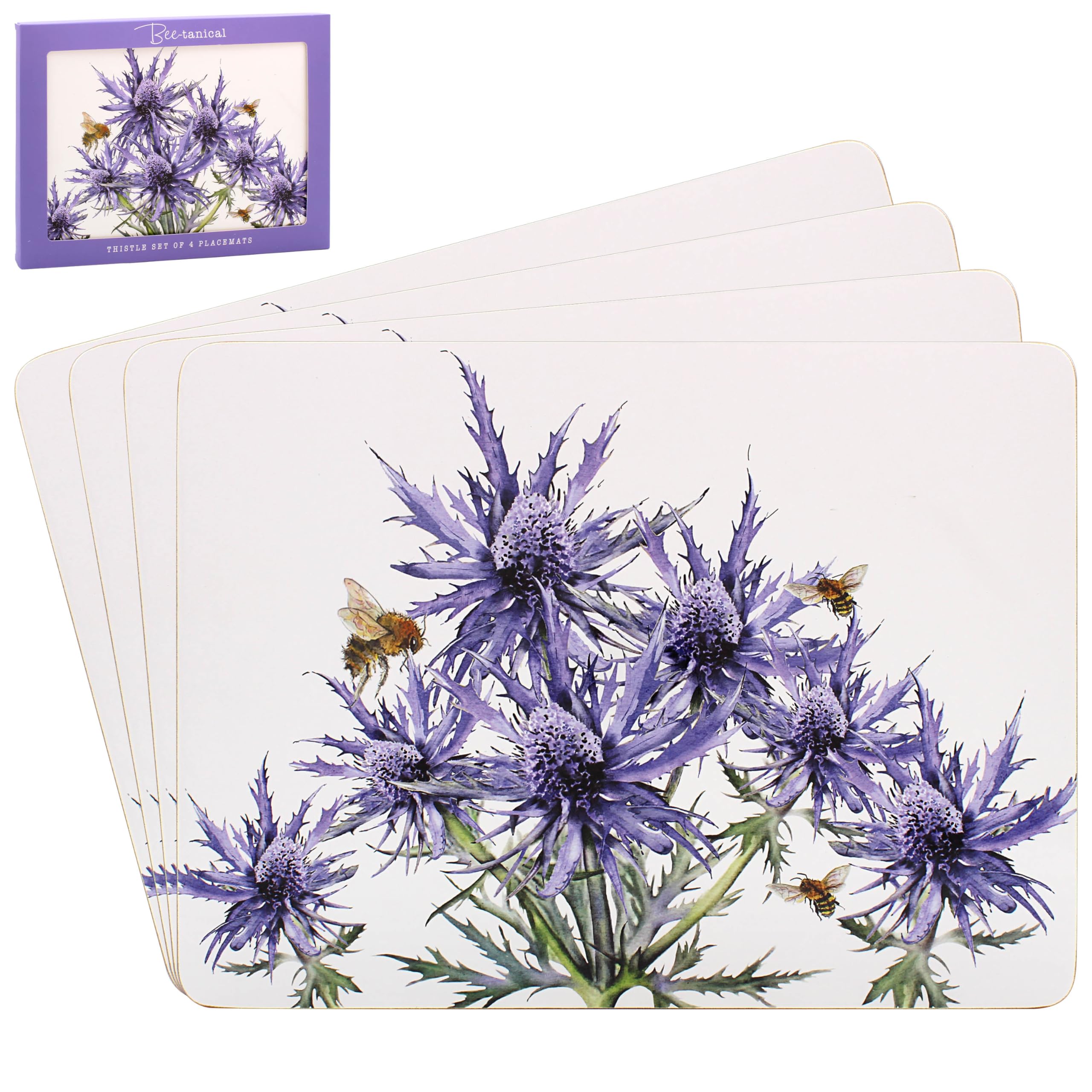 4pcs Purple Thistles Cork Placemats Bee-tanical Floral Series Flower Heat Resist