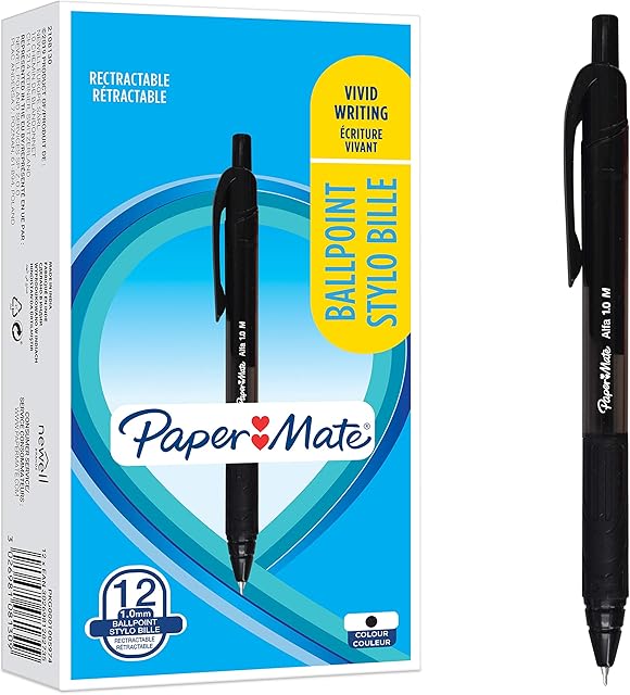 Paper Mate Alfa Retractable Ballpoint Pens | Medium Point (1.0 mm) | Black Ink | 12 Count