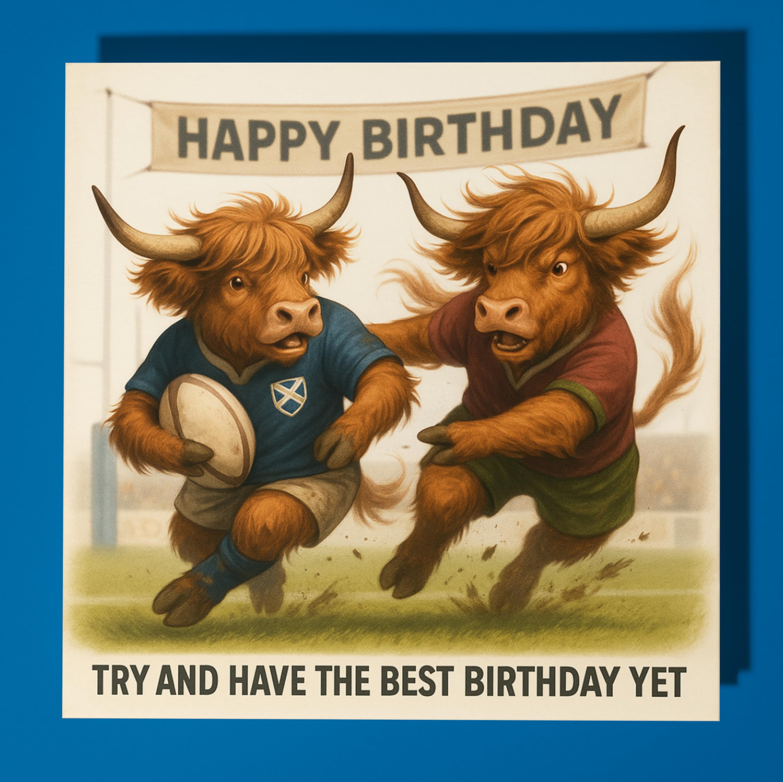 Rugby Scottish Highland Cows - Try and have the best birthday yet - Happy Birthday Card - Funny Animal - Premium Greeting Card Envelope - Personalised funny card - family friend