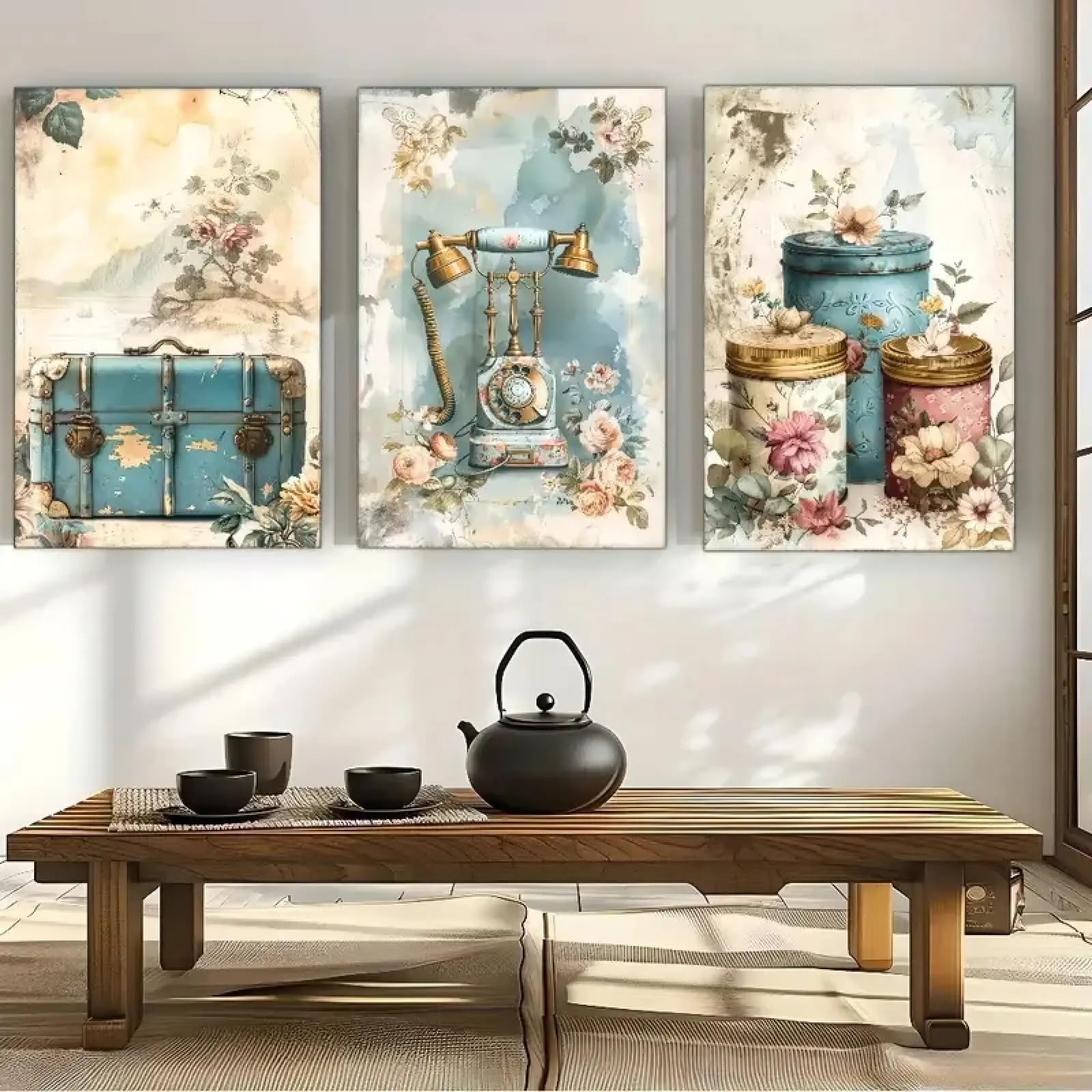 Décoration moderne maison salon avec affiche murale fleurs vintage et objet rétro - 7