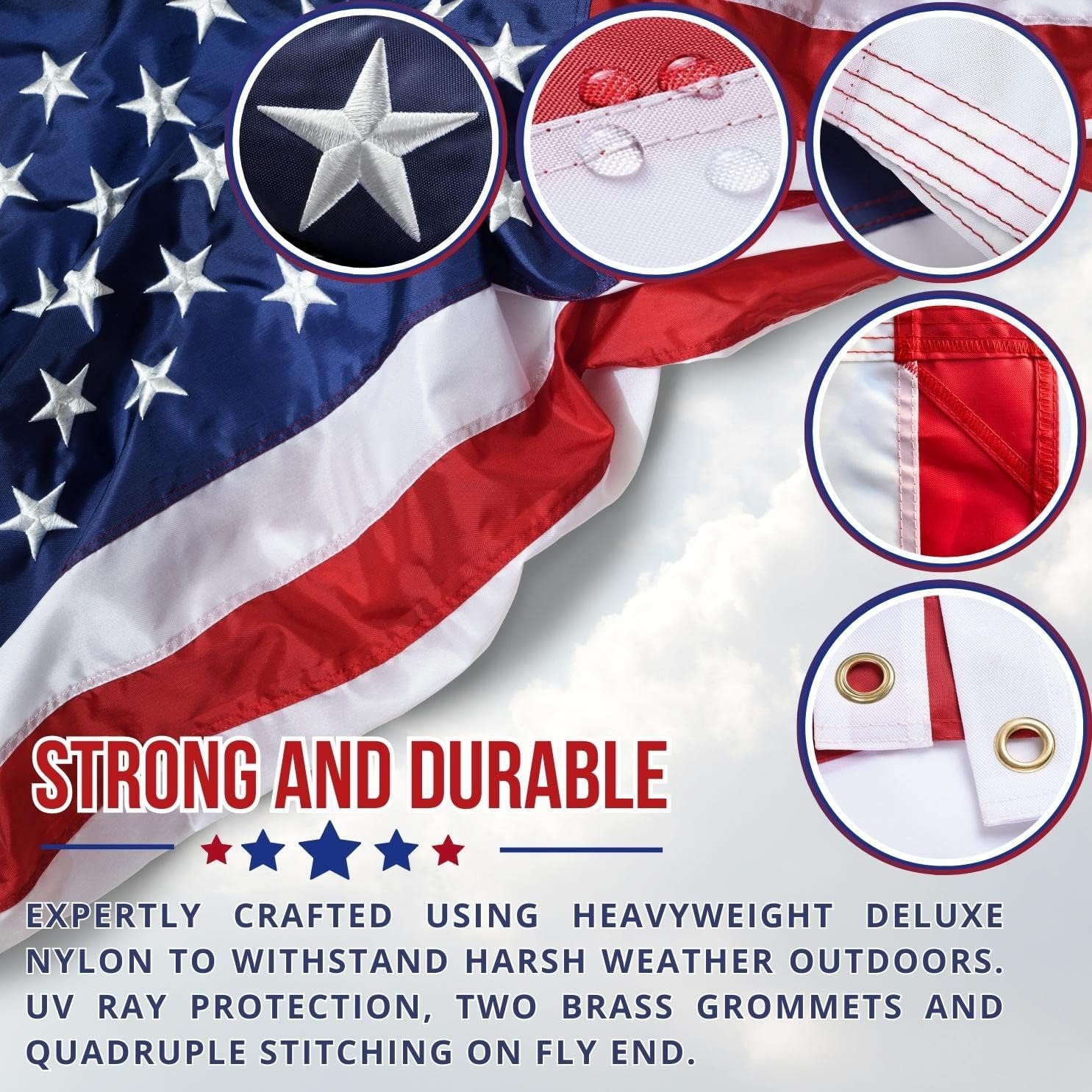 American Flag - Heavy-Duty US Flag - Embroidered Stars - Nylon USA Flag Built for Outdoors - Sewn Stripes - UV Protection - Brass Grommets (4x6 ft) - Image 2