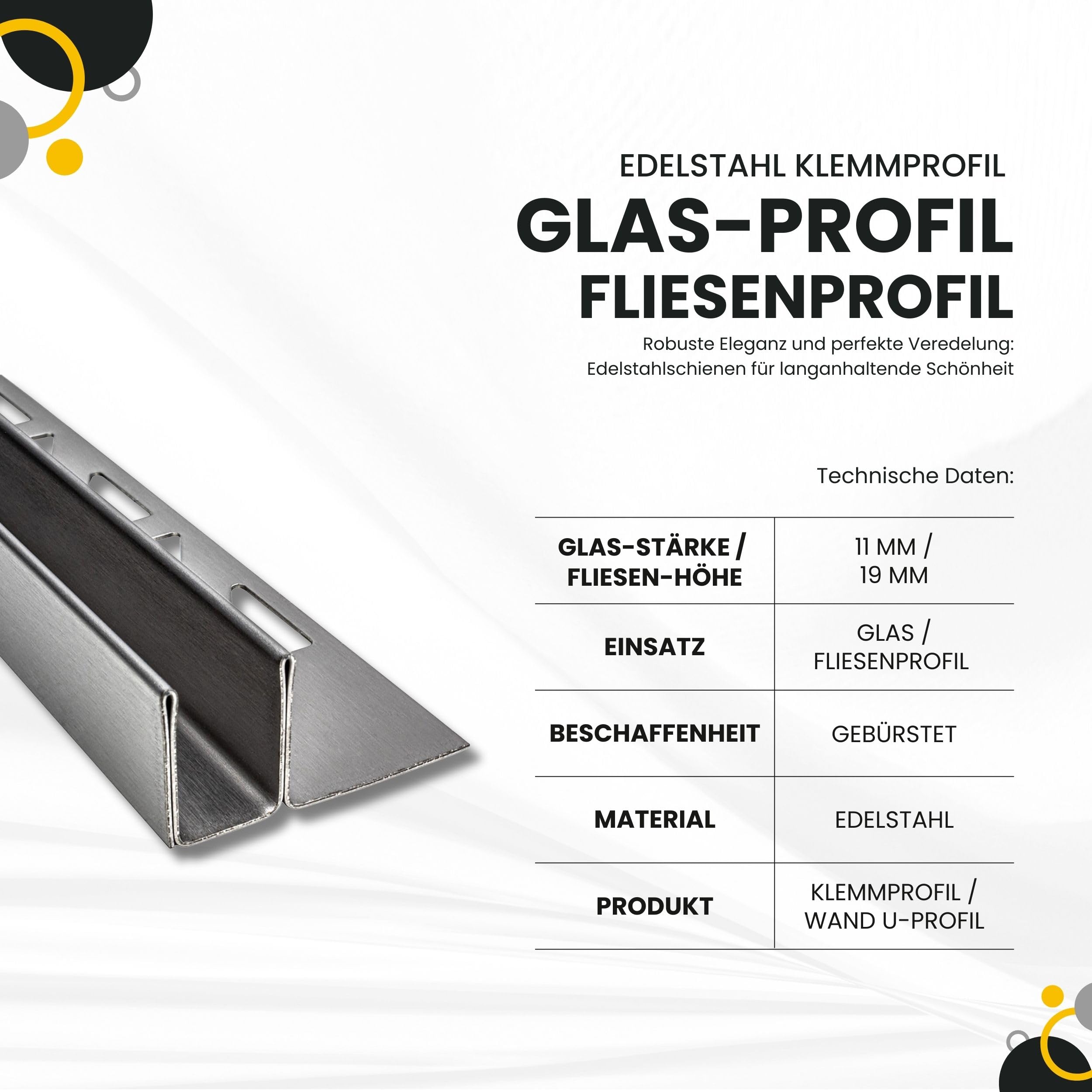 Glas-Fliesenprofil Edelstahl Klemmprofil Wandprofil V2A 2m H19mm 11mm-Glas gebürstet