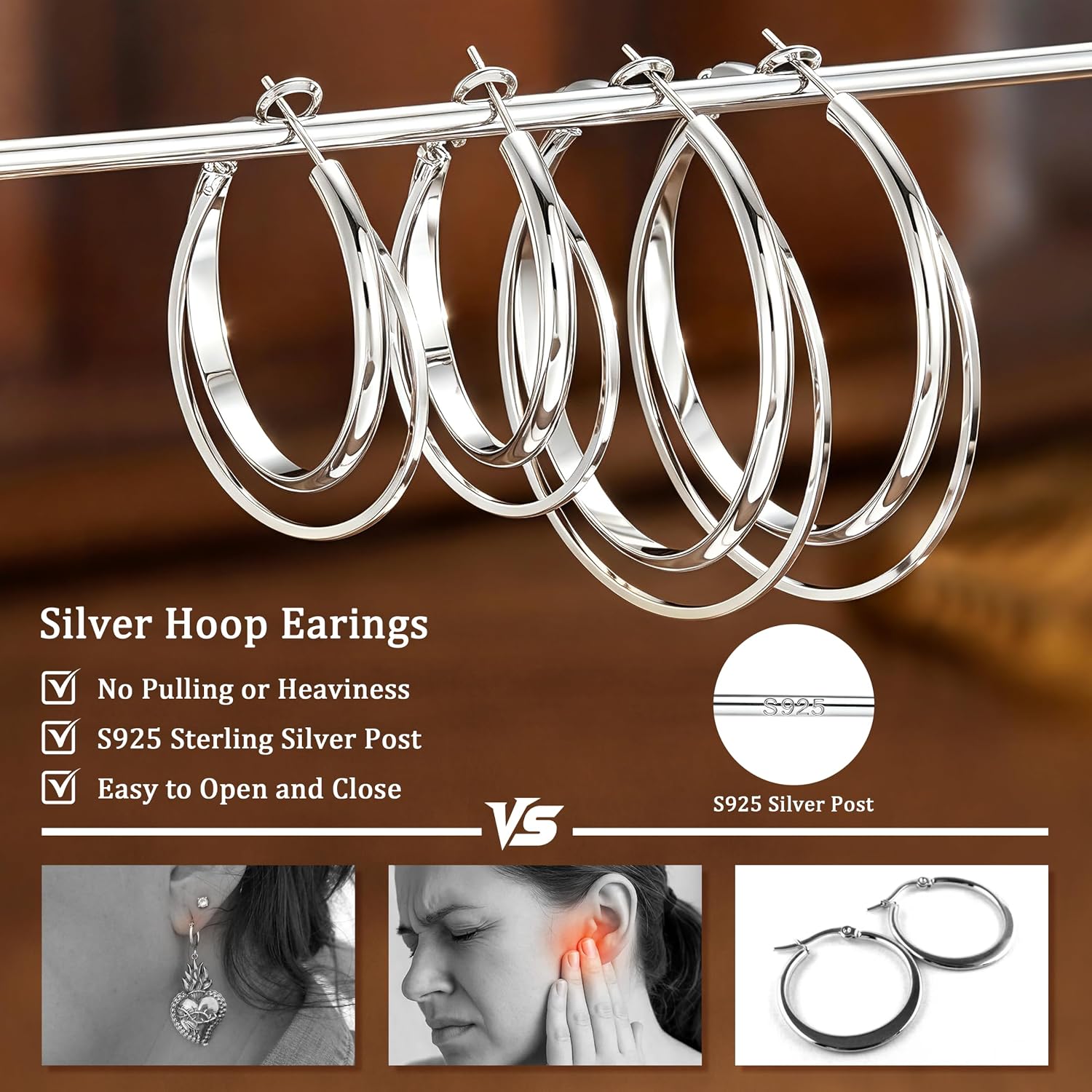 Double Hoop Earrings for Women, 925 Sterling Silver Post, 30/40mm image 5